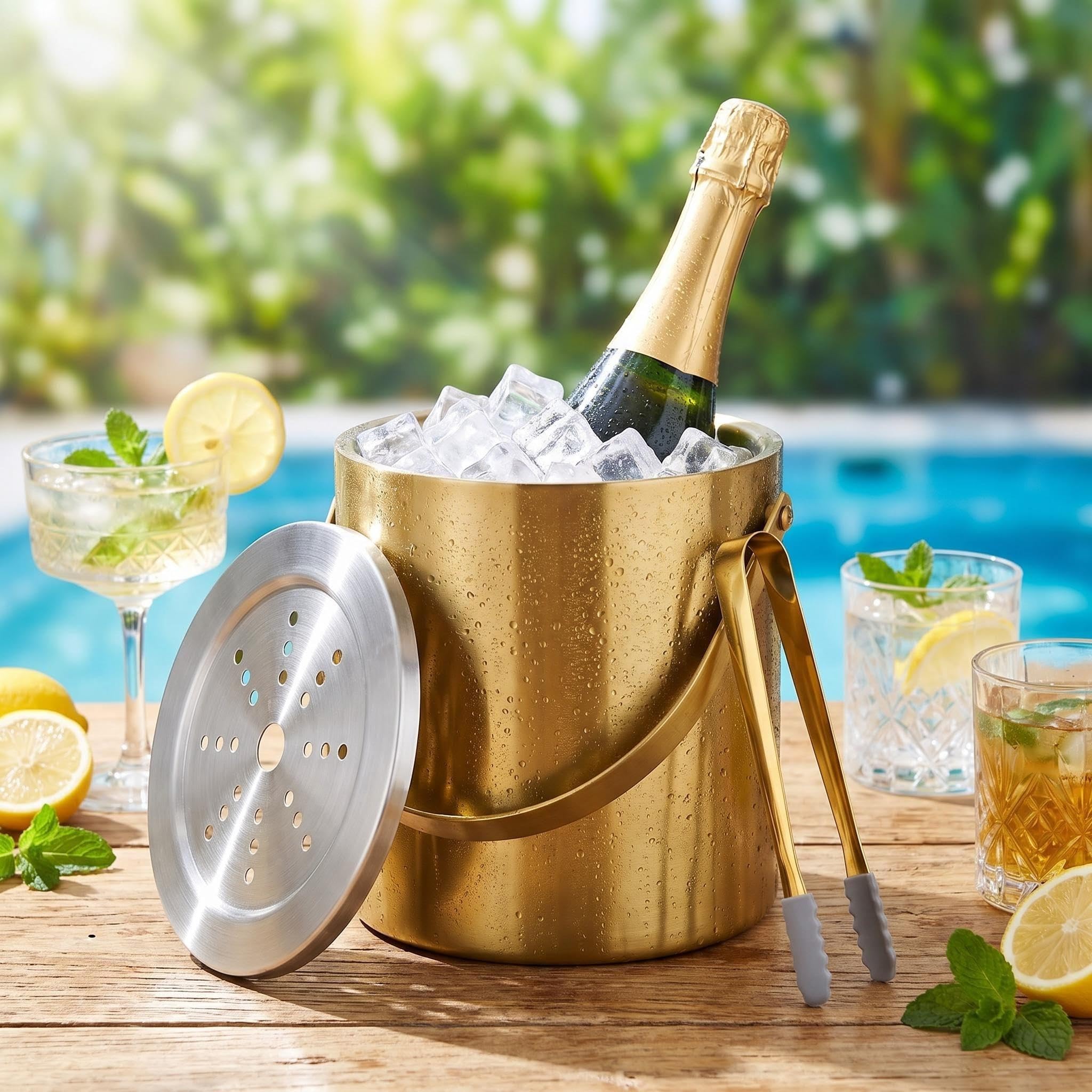 Eiskübel mit Deckel und Zange, doppelwandiger Weinkühler, 3 l, goldfarben | Isolierter Edelstahl-Eimer für Champagner, Wein, Bier, Partys, Barwagen, Outdoor-Unterhaltung, hält Eis länger