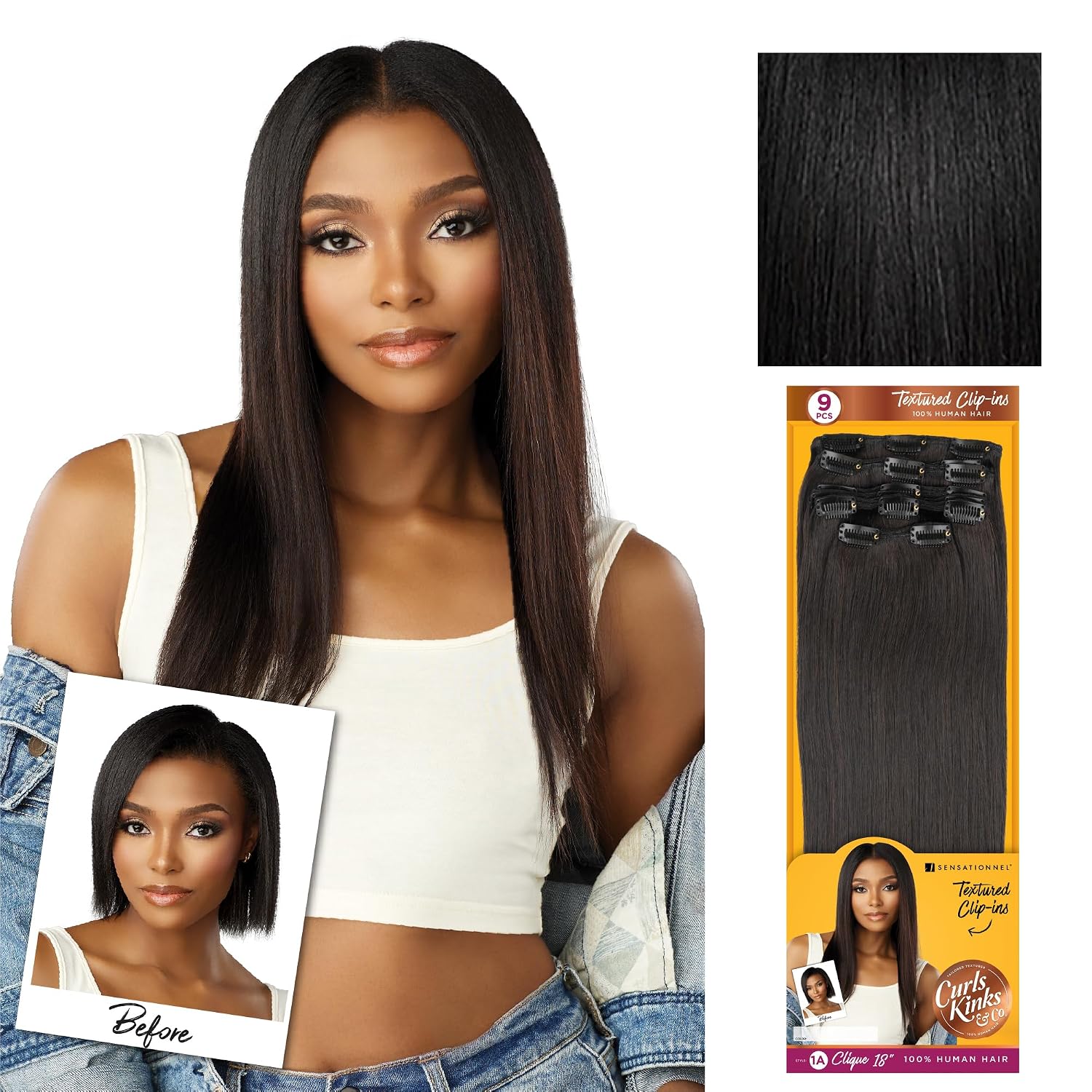 Sensationnel Curls Kinksandco Clip in - 1a Clique 18 inch Humanhair 9 Piece Pack Easy to Use Clips for Natural 3c to 4c hair (NATURAL)