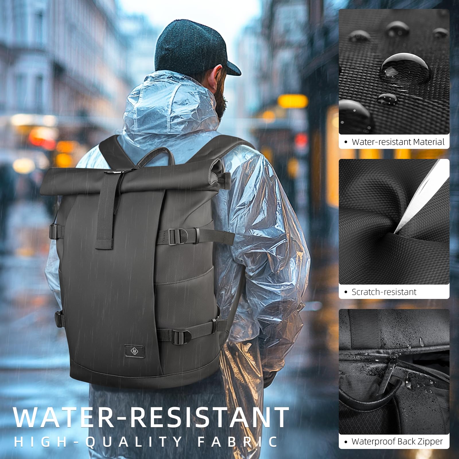 hk Sac à Dos Rolltop étanche Antivol Sac à Dos Ordinateur Portable 15.6 Pouces Grand Extensible 28l pour Hommes Femmes Travail Voyage Université
