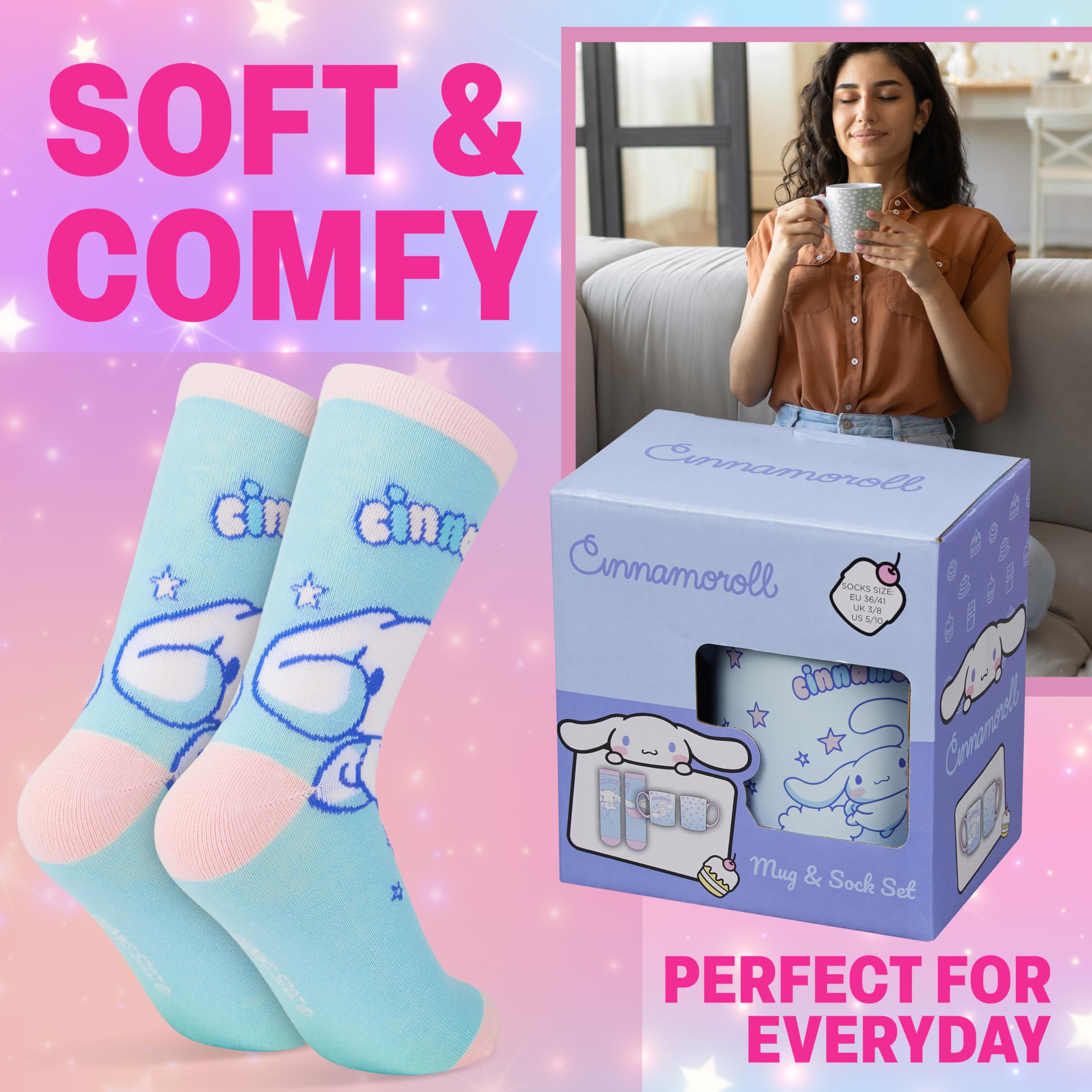 Get Trend Hello Kitty Cinnamoroll Tasse und Socken Damen Teens, 340ml/11.5oz Keramik Kaffeebecher, Weich Kuschelsocken 36–41 Größe, Sanrio Geschenke für Frauen (Blau Cinnamoroll)