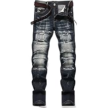 Men's Slim Fit Stretch Jeans Distressed Biker Straight Leg Pants
