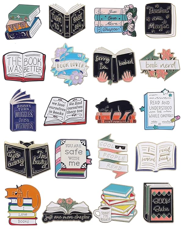 20pcs Creative Reading Book Pins Bulk with Lotus Linen Bag, Cute Decorative Reading Brooch Book Enamel Pins for Backpack Hat Clothes Christmas Bookish Gifts for Readers Booklovers Women Kids Teacher Student Librarian by FOVIUPET - Used condition - US$15.67