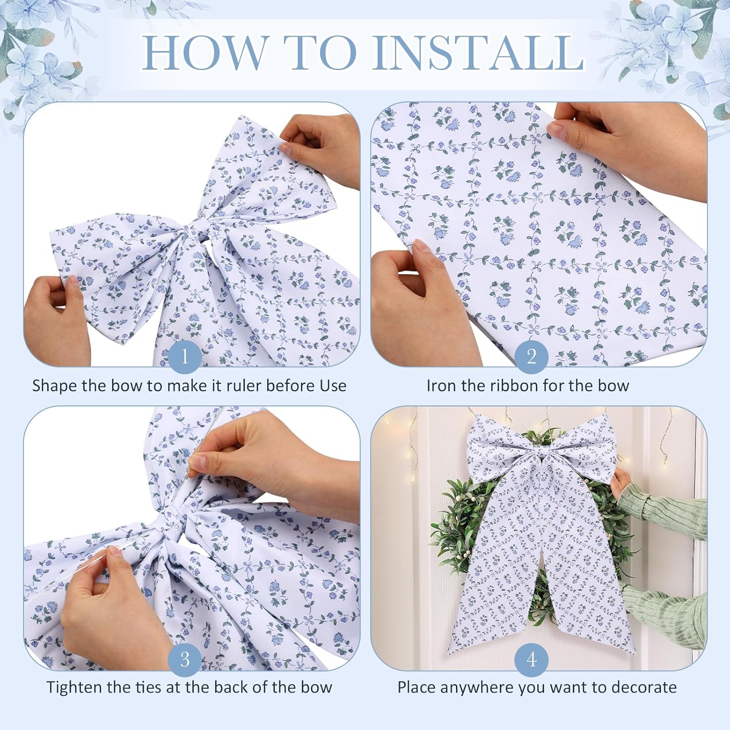 4 Pack Large Floral Wreath Bows Wreath Sash, 21 x 11 Inch Decorative Blue White Flower Burlap Ribbon Bows with Clear Twist Tie for Front Door, Garland, Wedding, Spring Holiday Decor