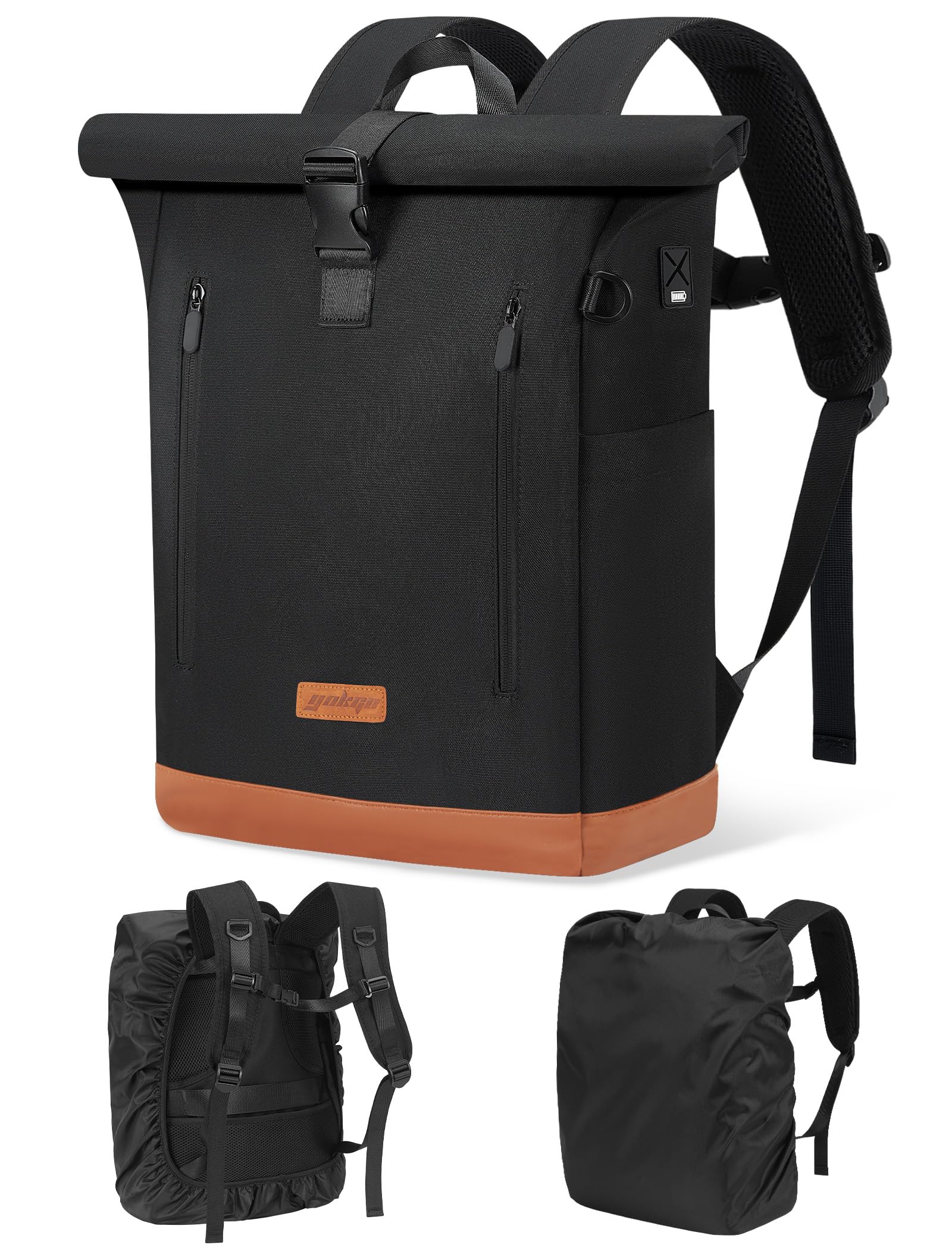 YOKGO Rucksack Damen & Herren, Rolltop Rucksack Wasserfest LaptopRucksack Schulrucksack mit 15,6