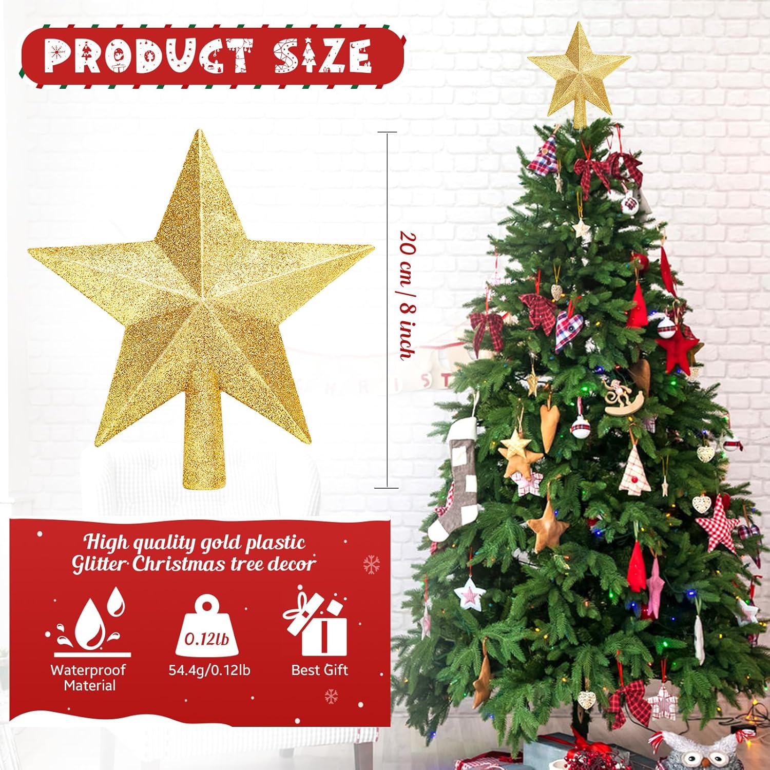 Glitter Christmas Star Tree Topper for Holiday Decorations, Christmas Tree Decoration for Holiday Ornament and Home Decor, Shatterproof Tree Toppers for Party Indoor ＆ Outdoor-Gold 8 inch