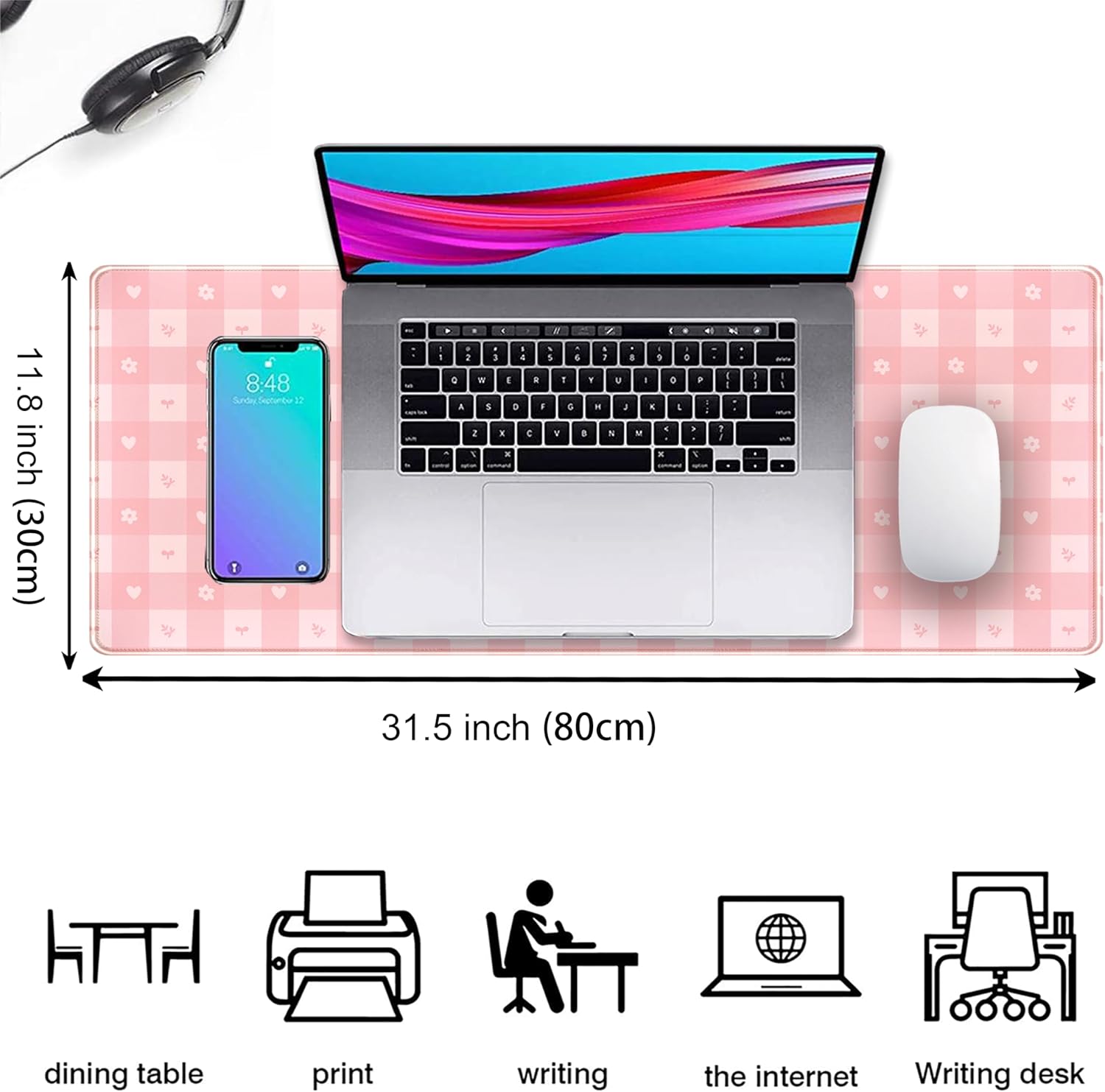 Pink Minimalist Gingham Floral Desk Mat Gaming Mouse Pad Large Cute Pastel Desk Pad Deskmat Kawaii, Women Office Desk Cover Mat, Laptop Computer Keyboard Mat Mousepad Desk Accessories 31.5"x11.8" - Image 2