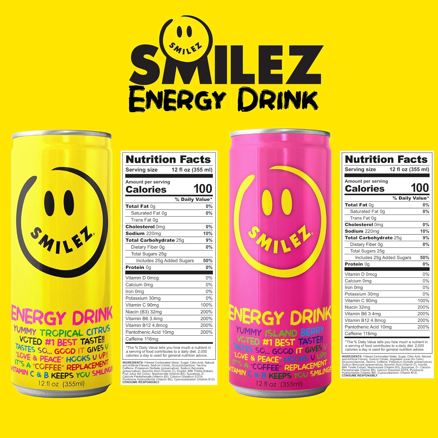 Smilez Energy Drink Variety Pack, Tropical Citrus/Island Berry, 12 Fl Oz Cans, (Pack of 24)