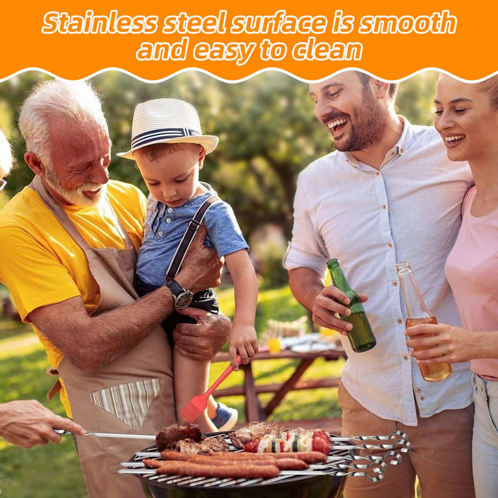 Brochettes en Acier Inoxydable 24 Pièces avec Pinceaux Réutilisables pour Barbecue Viande Légumes