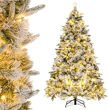 COSTWAY Pre-Lit Snow Flocked Christmas Tree, Hinged Artificial Xmas Tree with Warm-White LED Lights, Mixed Branch Tips, Foldable Metal Stand, Xmas Holiday Decor for Home Office 186 cm