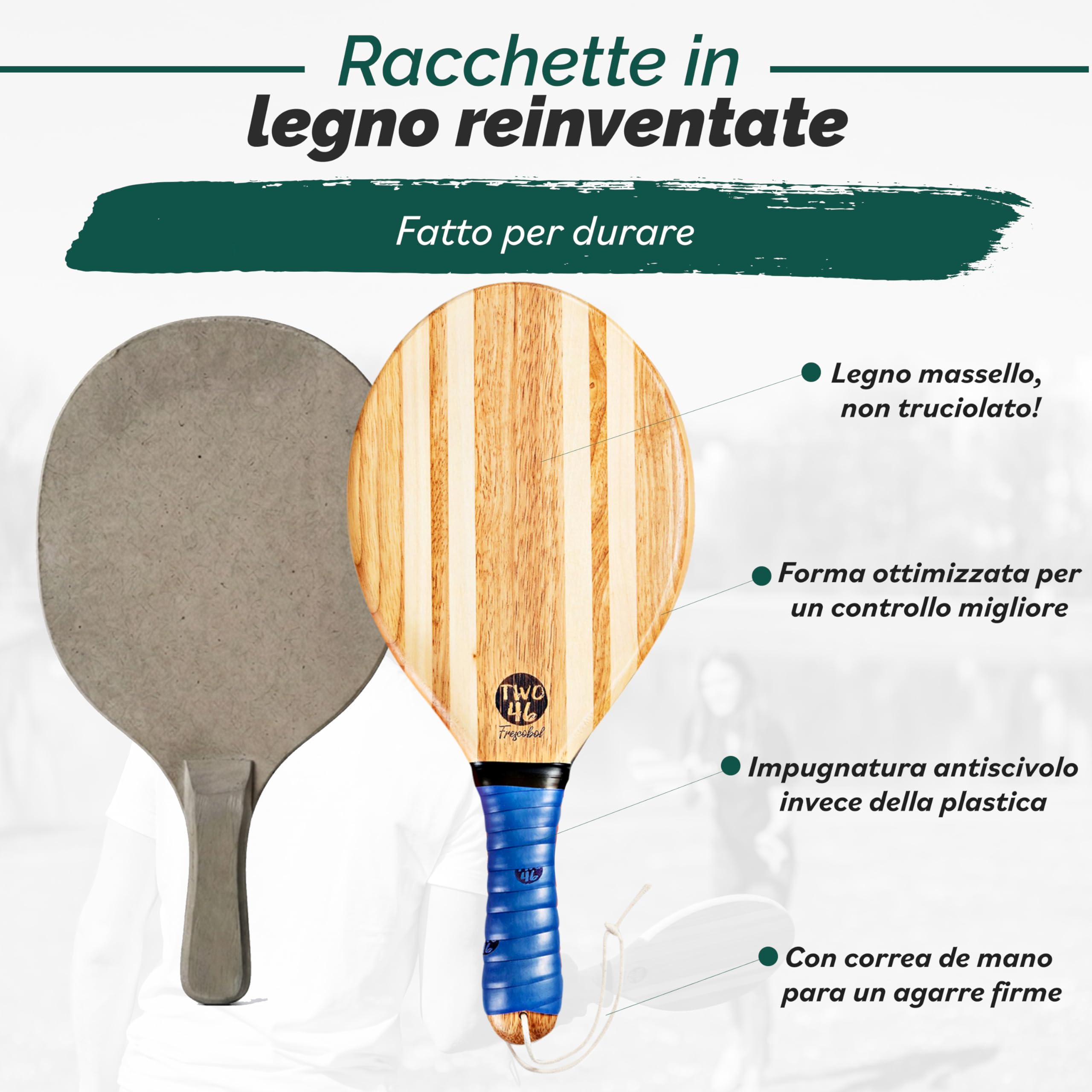 two46 | Set di Racchettoni da Spiaggia Premium | Frescobol - Lo Sport Popolare dal Sud America | Racchettoni Artigianali in Legno, Scelta della Palla per Diversi Livelli, Borsa Personalizzata