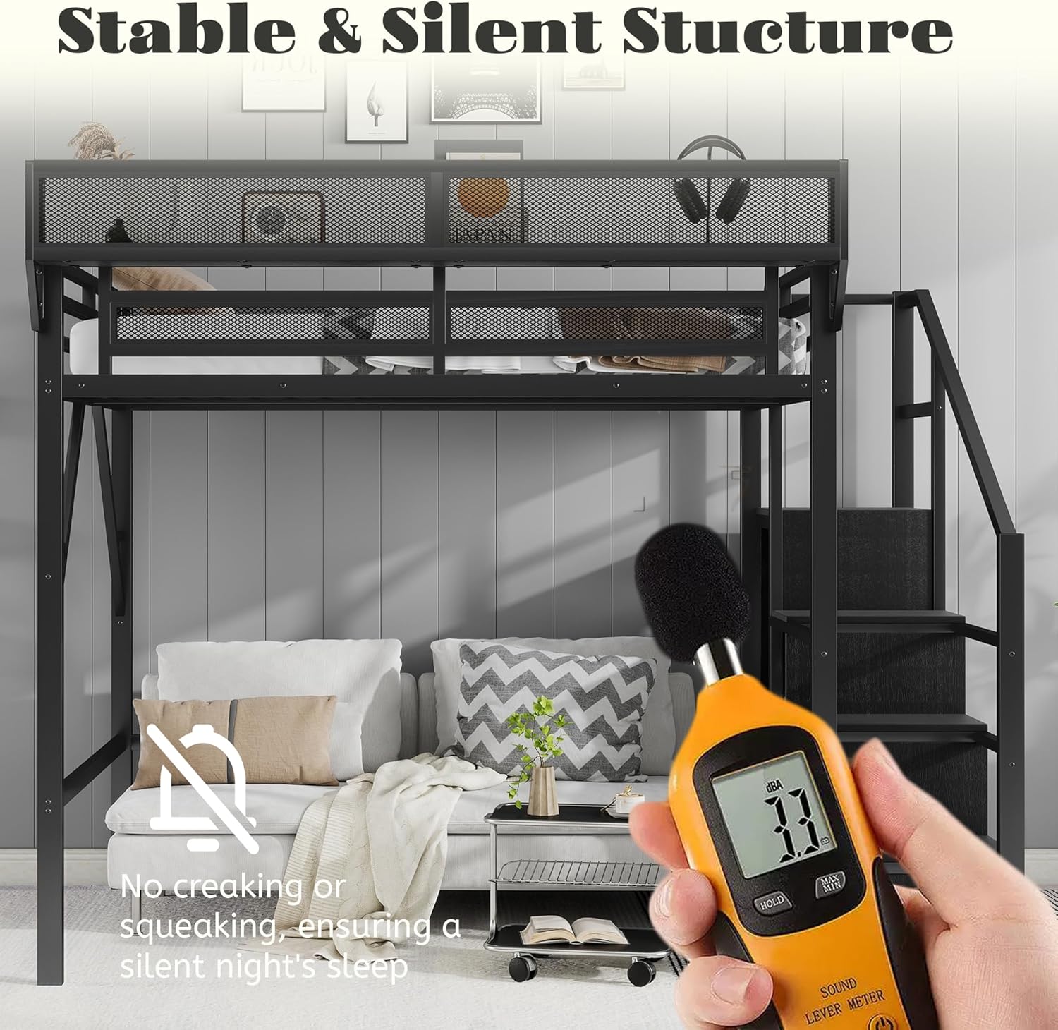 Image showing a sound level meter next to the loft bed, with a 'no creaking or squeaking' icon, indicating a stable and silent structure.