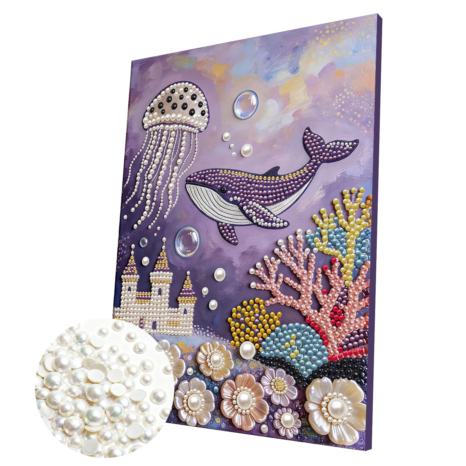DIY Pearl Painting Kit with Wooden Frame, 3D Plastic Pearl Gemstone Ocean Art Craft for Adults Beginners, Diamond Dot Painting, Home Wall Decor Ready Gift for Women(Shark Jellyfish)(30 * 40cm)