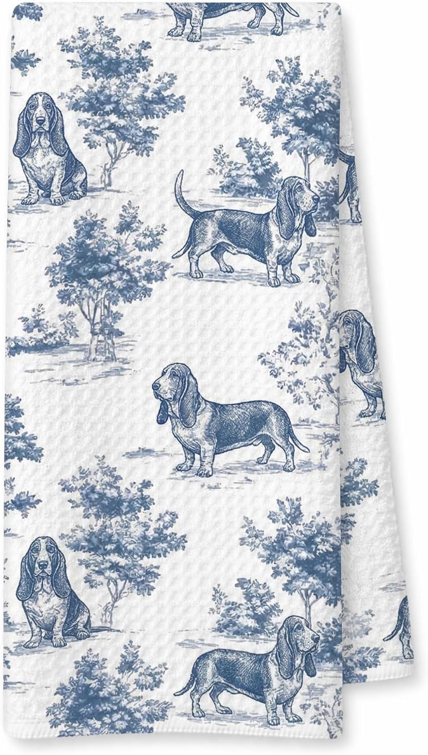 Blue and White Chinoiserie Basset Hound Gift Hand Towels for Bathroom Kitchen, Basset Hound Gifts for Women, Vintage Toile De Jouy Dog Kitchen Dish Tea Towels, 16X24 Inch