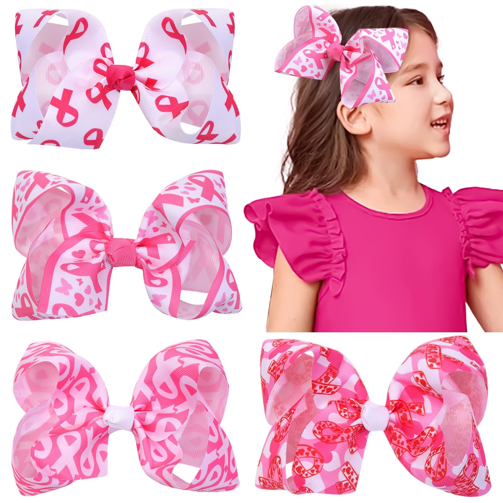 4 Pcs Breast Cancer Awareness Hair Bows for girls,CN Pink Ribbon Toddler Bows Alligator for Infant Teens Girls Hair Birthday Party Hair Accessories