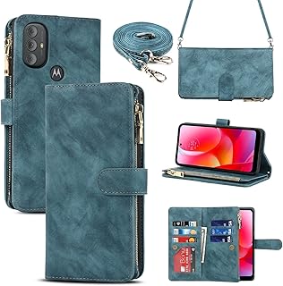 iCoverCase for Motorola Moto G Power 2022 Wallet Case with Card Holder, Kickstand Feature PU Leather Case with Adjustable Crossbody Lanyard Magnetic Clasp Zipper Pocket Flip Cover (Blue)