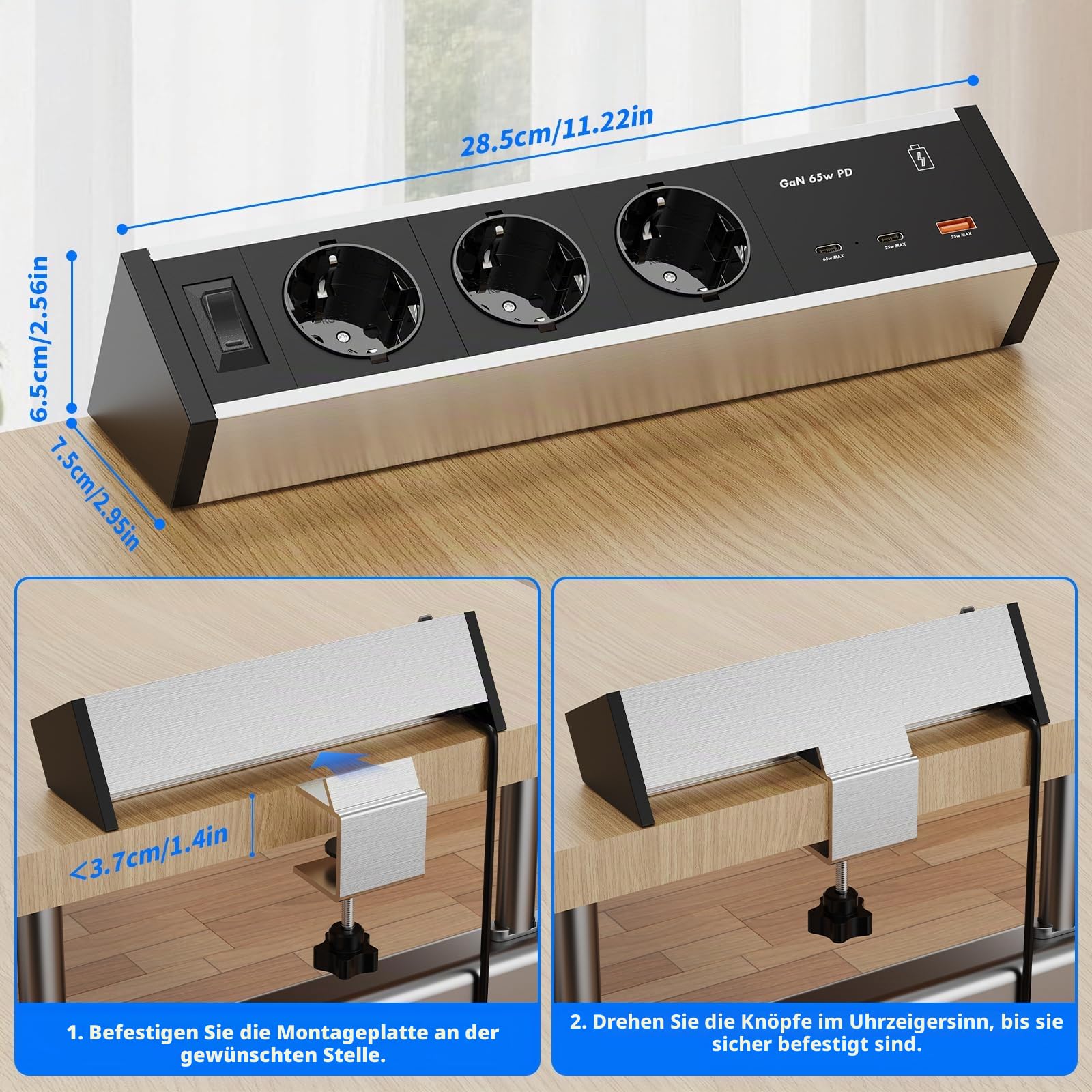 Tischsteckdose mit USB-C PD 65W GaN, 3-Fach, zum Anklemmen