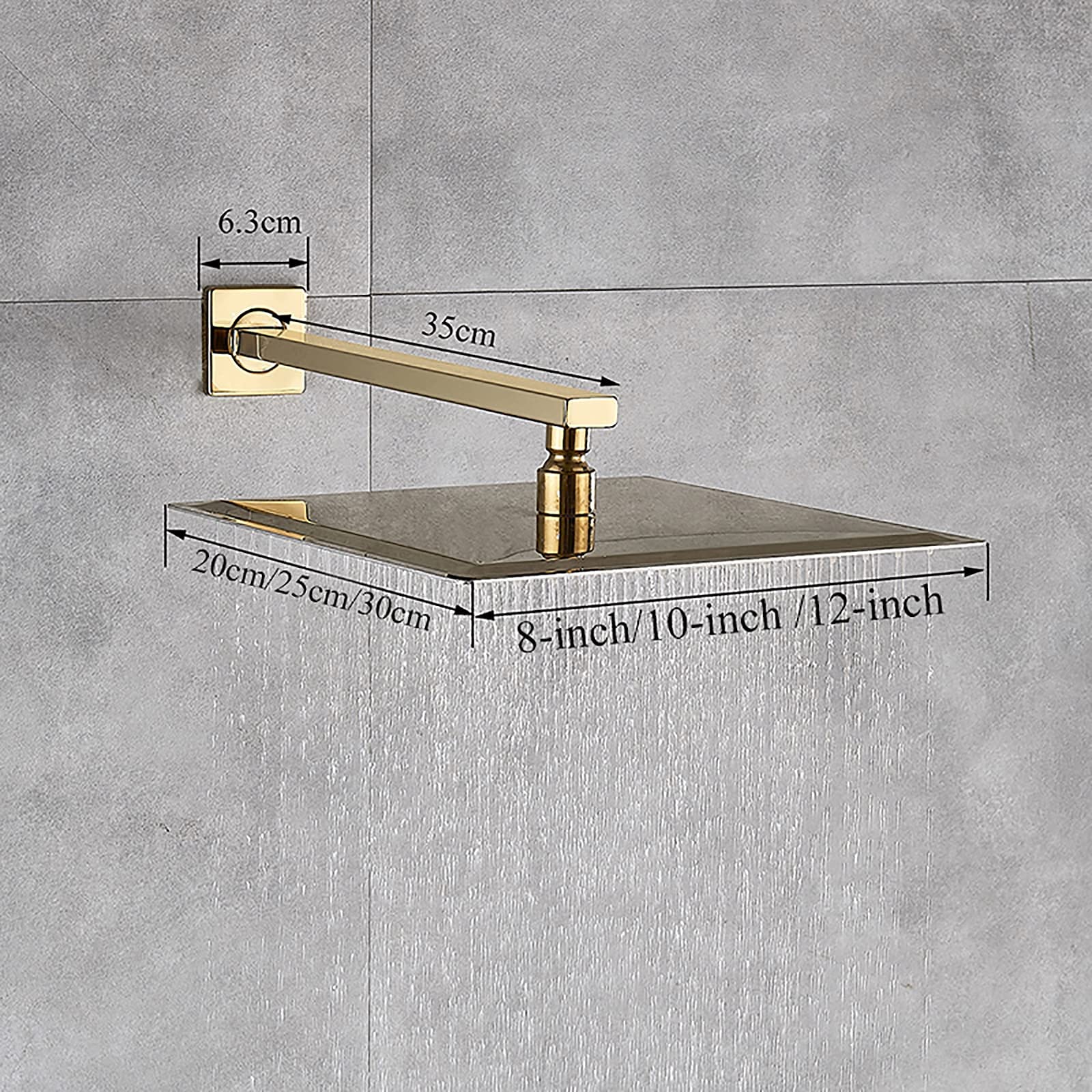 Regendusche Duschkopf Gold Kopfbrause Quadrat Duschkopf Regenbrause Hochdruck Einbauduschk?pfe mit Anti-Kalk Düsen, 304 Edelstahl Brausekopf mit Brausearm, G1/2,8 Inch