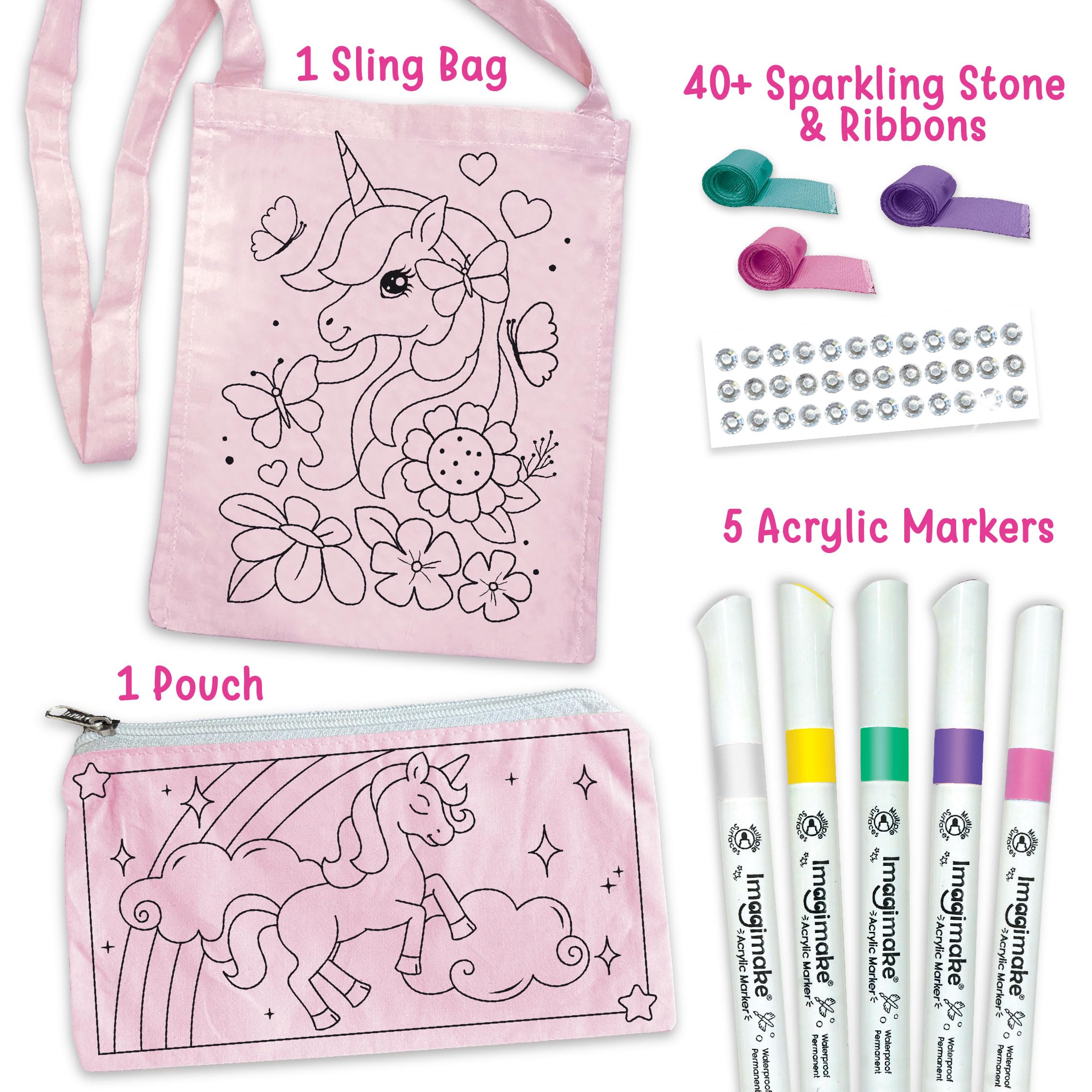 Imagimake Fabric Art – Unicorn | DIY Craft Kit for Kids | Colour & Decorate Sling Bag & Pouch | Art & Craft Gift for Girls 5+