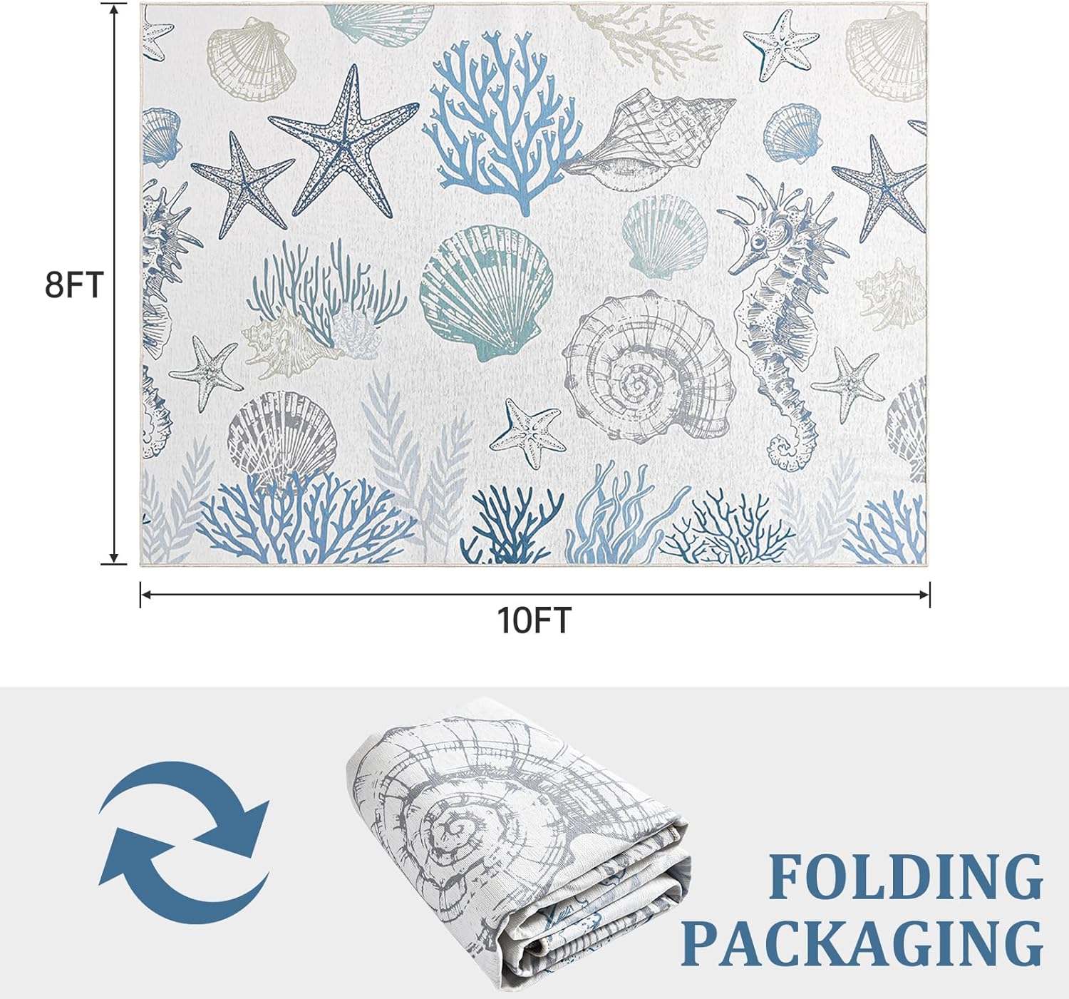 Dintszyayue Rugs for Living Room 8x10 Nautical Beach Washable Non Slip Foldable Area Rug for Bedroom Conch