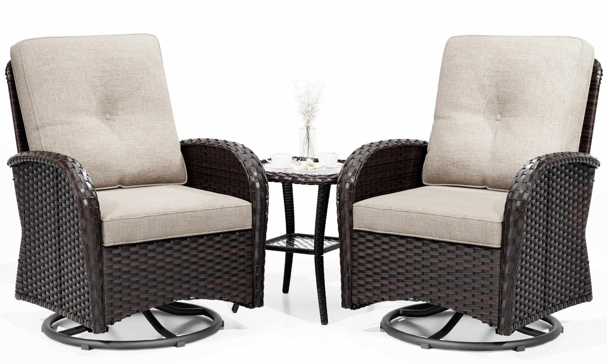 Joyside Outdoor Swivel Rocker Chairs, 3 Piece Wicker Patio Set with Thickened Cushions, High Back, Deep Seating, Wide Armrest, Outdoor Swivel Chairs