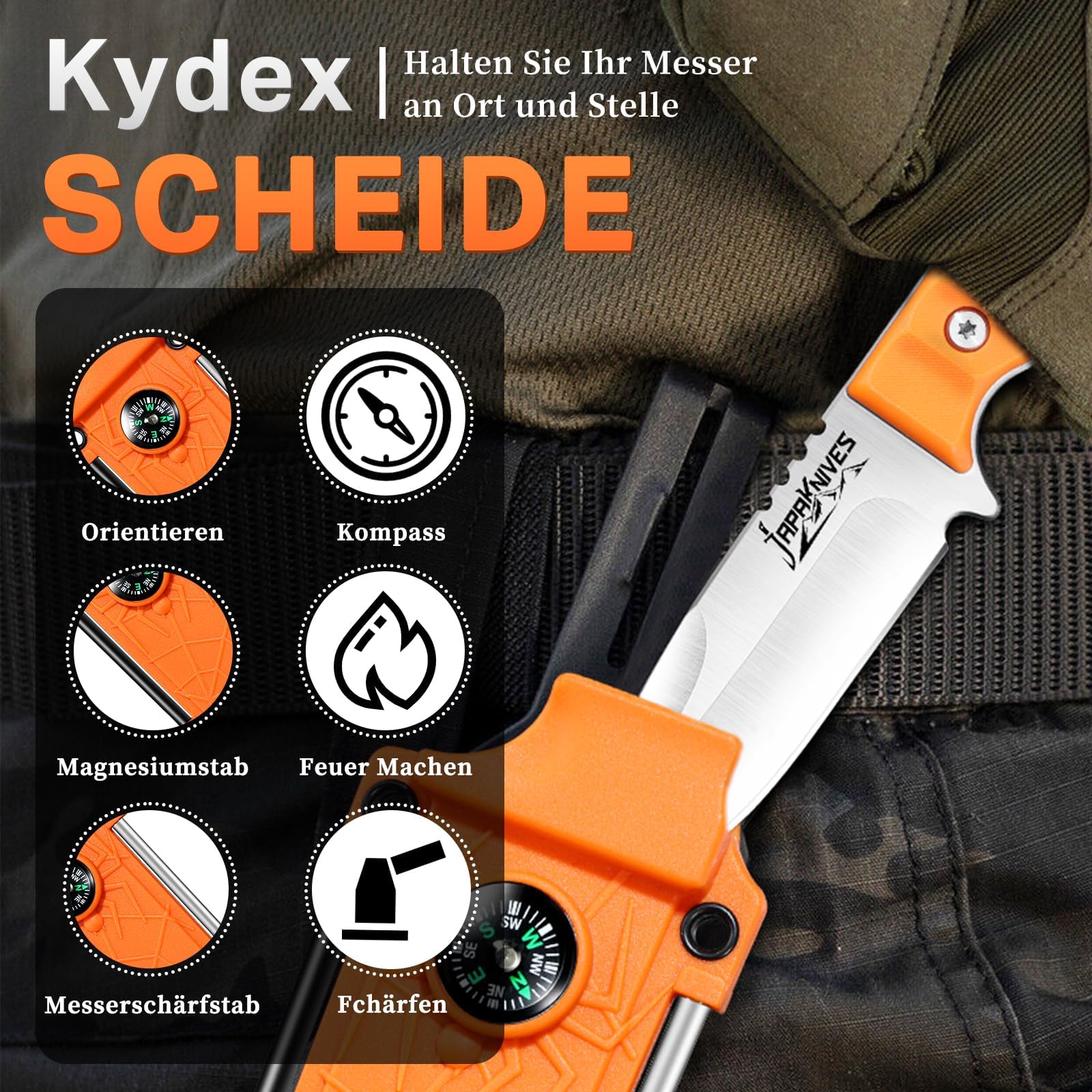 Japaknives Klein Outdoor Messer Feststehende Klinge 9cm Survival Messer G10 Griff Campingmesser für Angeln Bushcraft Wandern Orange