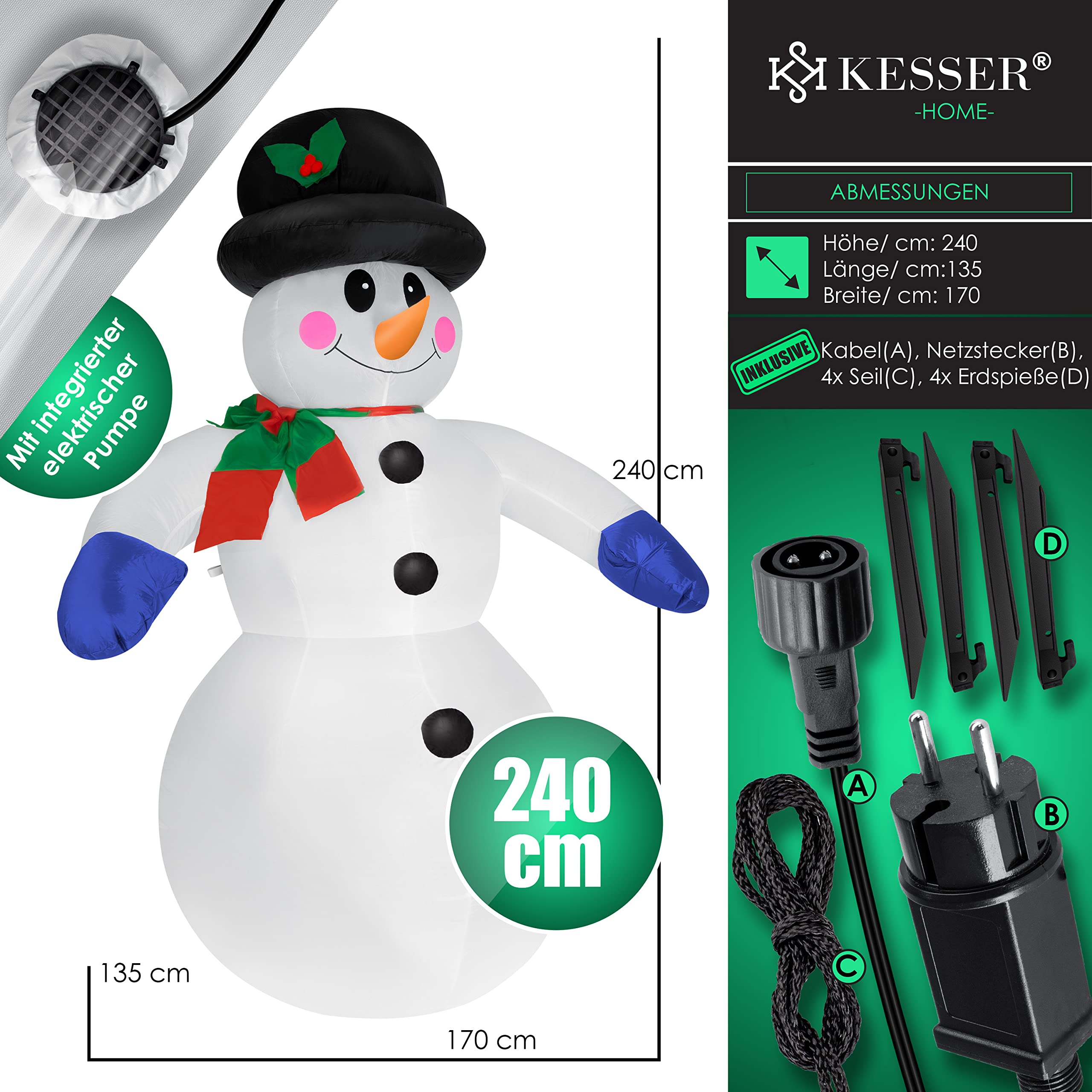 KESSER® Dmuchany bałwanek XXL 240 cm oświetlenie LED materiał mocujący dekoracja bałwanek Boże Narodzenie, dekoracja bożonarodzeniowa, figurka, cicha dmuchawa, odporna na warunki atmosferyczne IP44