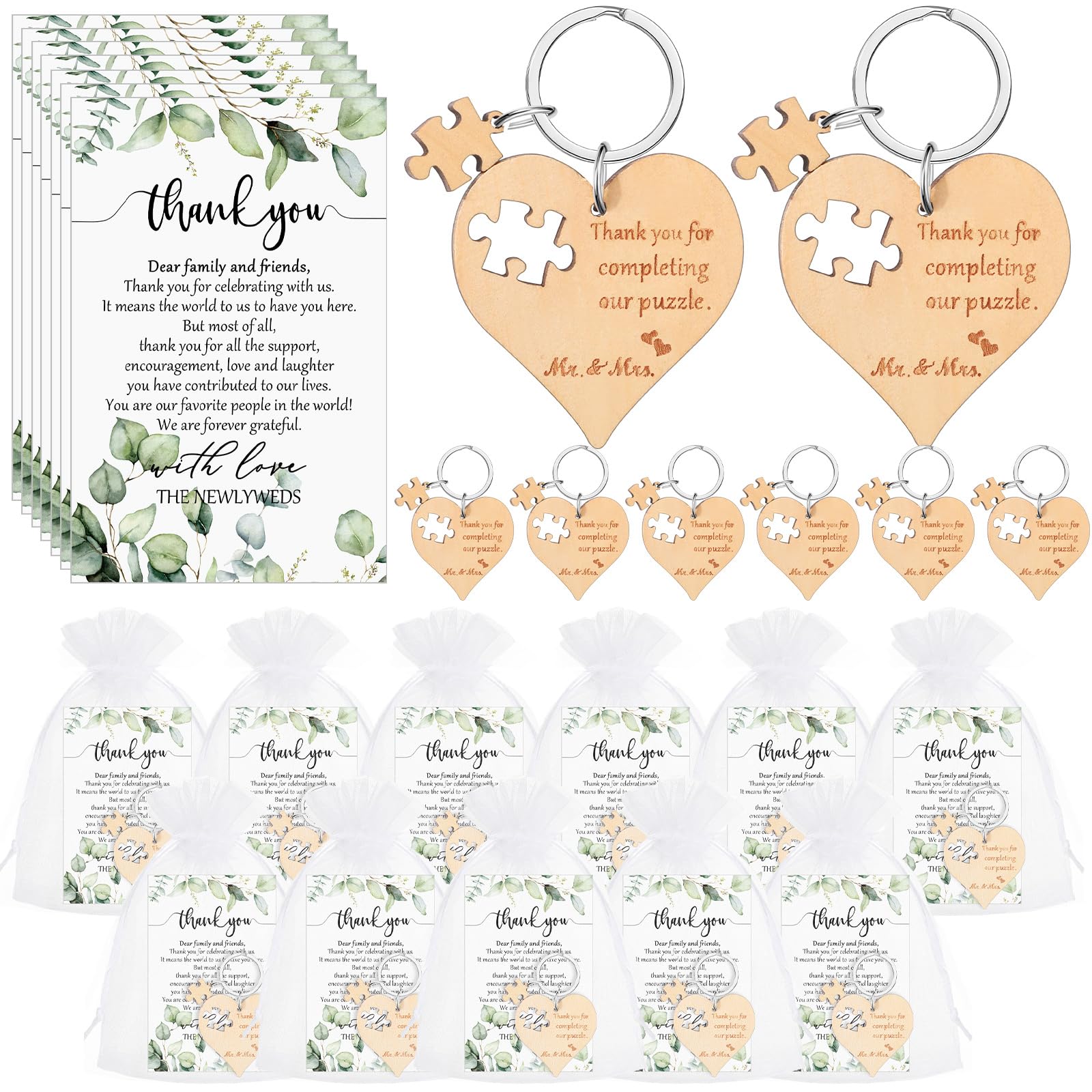 50 Sets Wedding Souvenir for Guests Includes Wood Heart Puzzle Keychain Cards and Gift Bags Rustic Wedding Favors for Guests