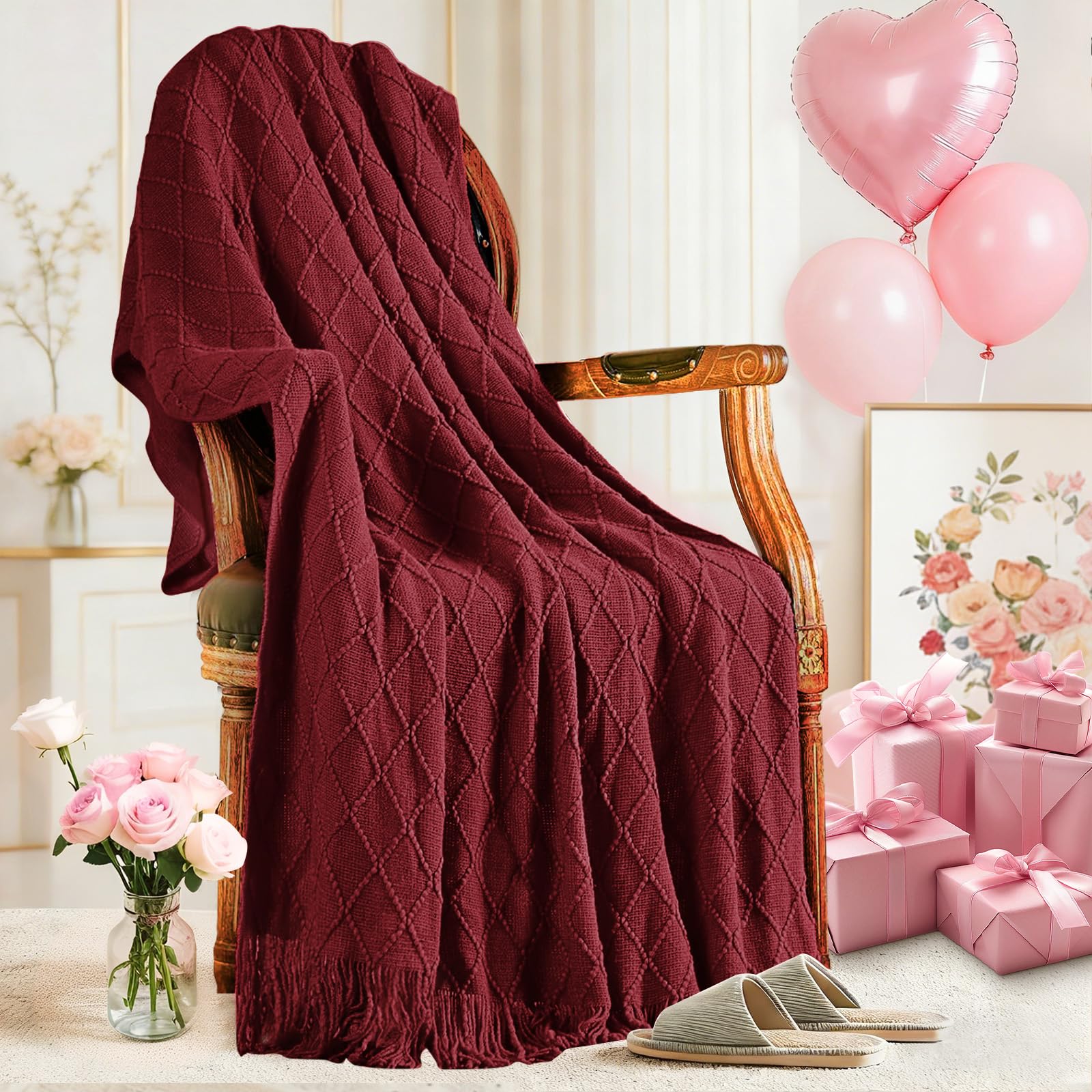 Inhand Women's Claret Knitted Throw Blanket For Couch Bed, Mothers Day/Mom Birthday Gifts For Mom From Daughter Son, Soft Lightweight With Tassels, Farmhouse Warm Decorative Blanket For 60"X80"