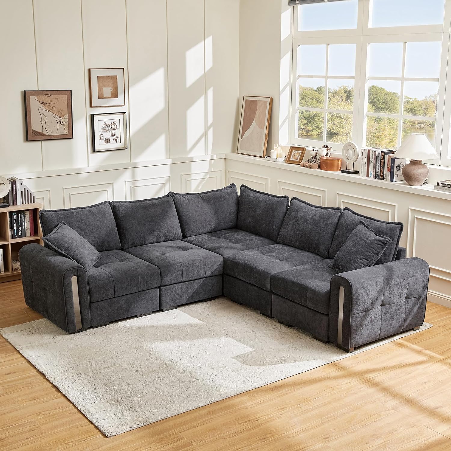 Dark grey chenille modular corner sofa with hidden storage under every seat