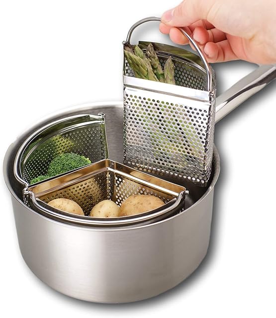 Family Saucepan Triple Pan Divider Separator Set - Saves Cooking Space & Energy. Three Part 18cm Stainless Steel Strainer. Vegetables, Potatoes, Boiled Eggs. Pan Not Included. Caravan Accessory