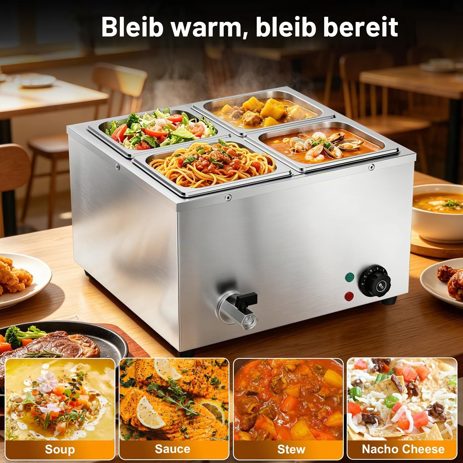TAIMIKO Bain Marie Speisenwärmer 1500W Elektrisches Buffetwärmer 220V Schmelztopf Professioneller kommerzieller Tellerwärmer mit 4 x 1/6 Töpfen (4 Pots)