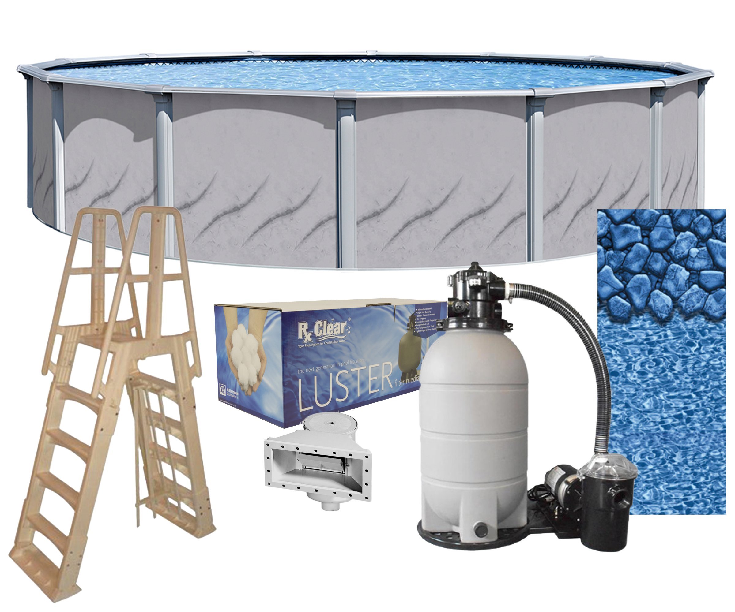 Galeria 12-Foot-by-52-Inch Round Above-Ground Swimming Pool Complete Bundle Kit | Boulder Swirl Pattern Overlap Liner | A-Frame Ladder System | Sand Filter System with Pump | Skimmer