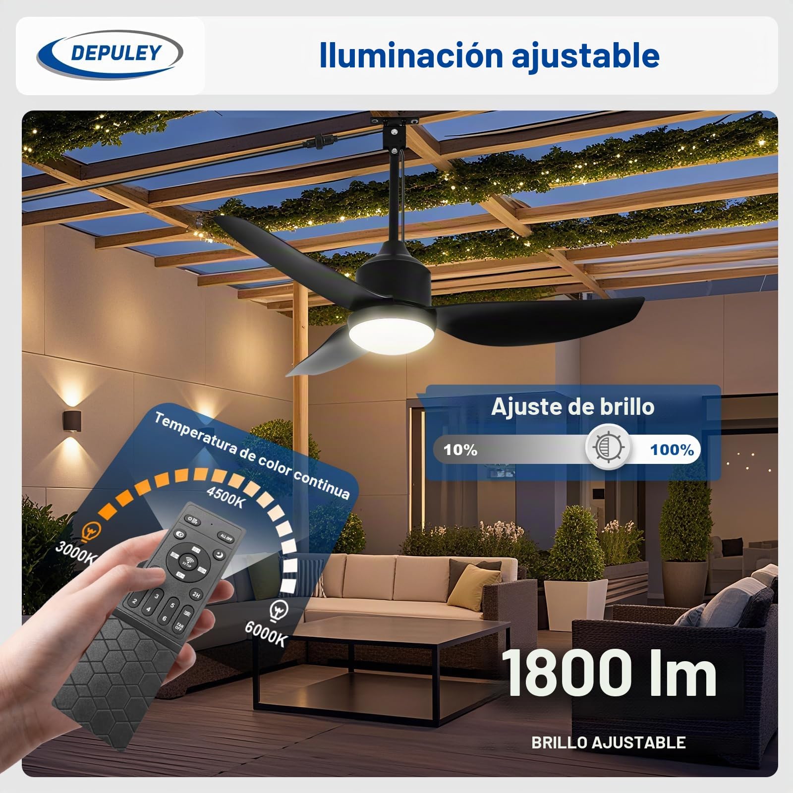 Depuley Ventilador de techo para exteriores con luz: Ventilador colgante negro de 42" para cenador, resistente al agua - Ventiladores enchufables para exteriores para patios con mando a distancia APP