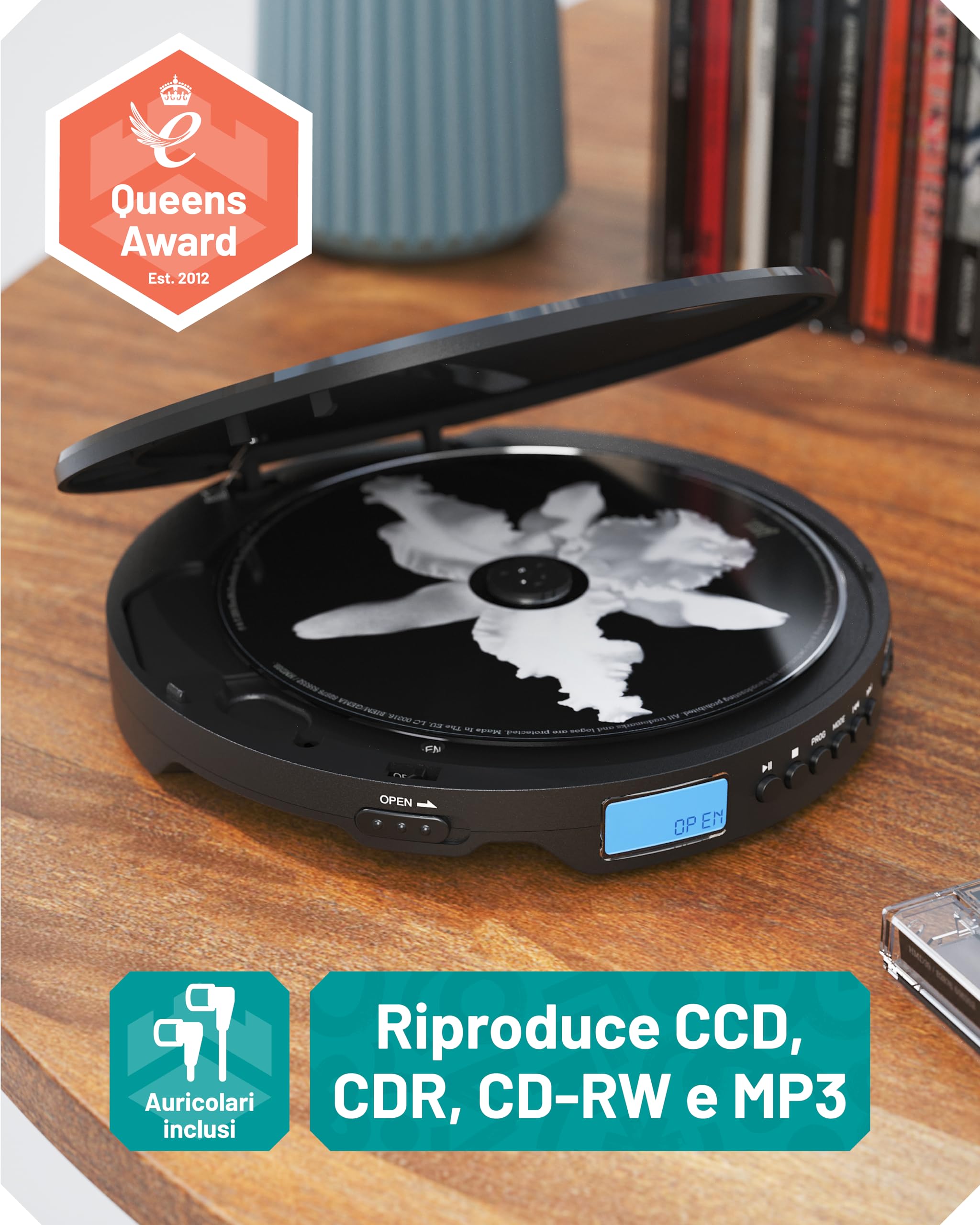 Lettore CD Portatile Oakcastle CD10 con Cuffie | CD, CDR, CDRW, MP3 | Funzione Anti-Skip ESP, Bass Boost, Blocco Tasti | 7 Ore di Autonomia | Alimentazione a Batteria o USB