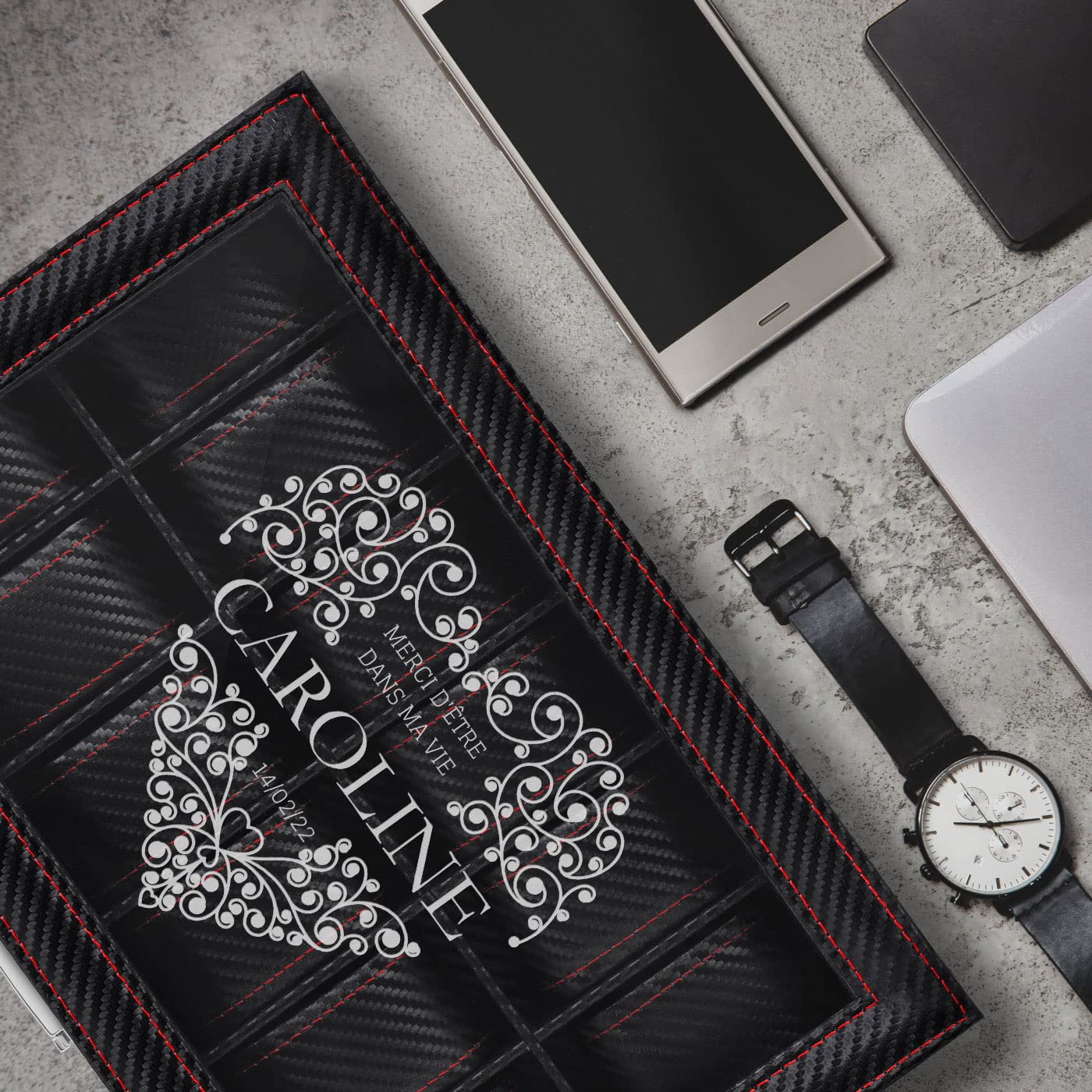 Maverton Boîte à Montres avec Vitrine Gravée, Coffret pour 12 montres