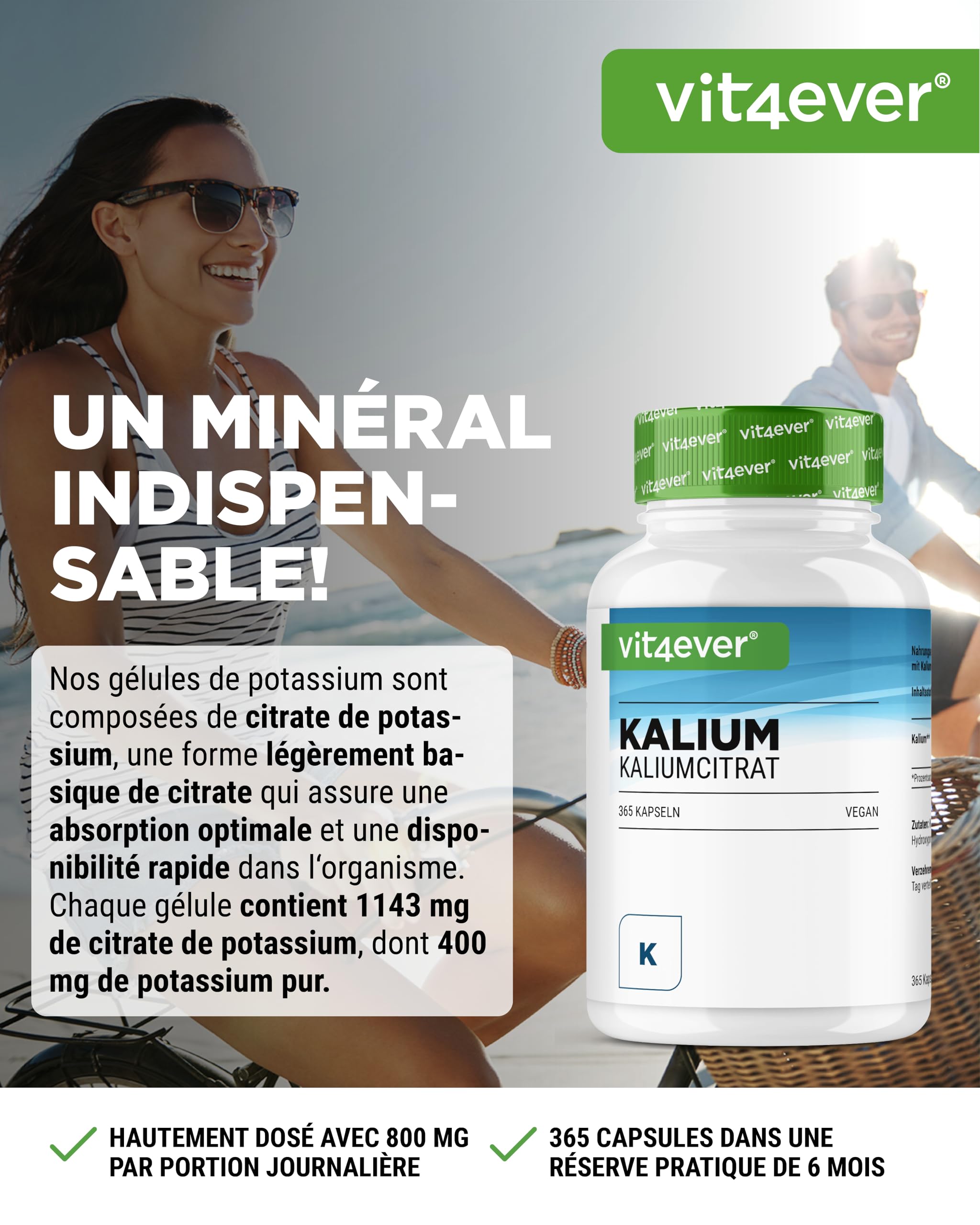 Potassium - 365 gélules avec 800 mg de potassium élémentaire par portion journalière - 100% citrate de potassium - Vegan