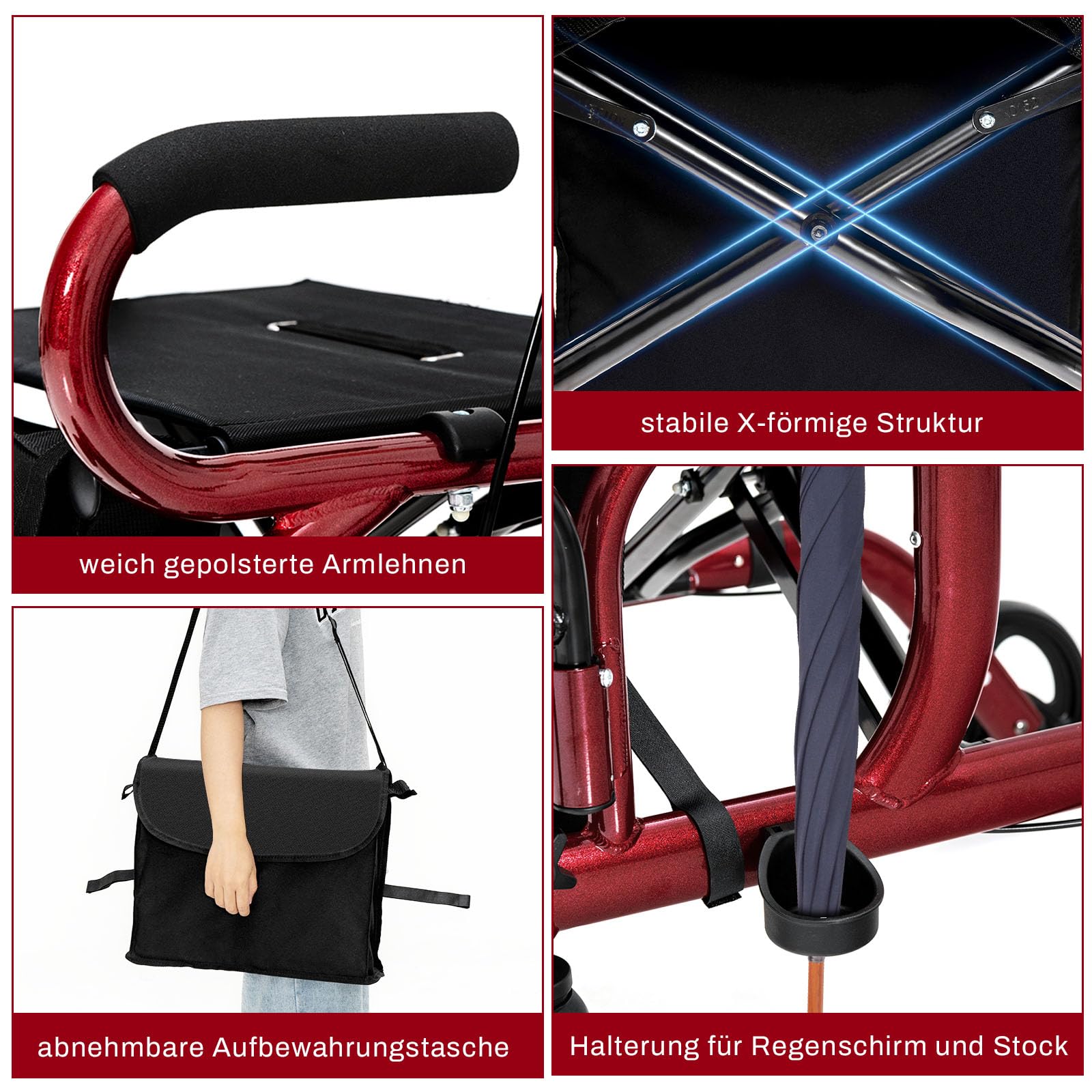 COSTWAY Rollator faltbar und leicht mit Sitz, 2 in 1 Rollstuhl & Reiserollator, Gehhilfe 6-fach höhenverstellbar, Gehwagen mit Tasche & Bremse & Stockhalter, Aluminium, klappbar für Senioren (Rot)