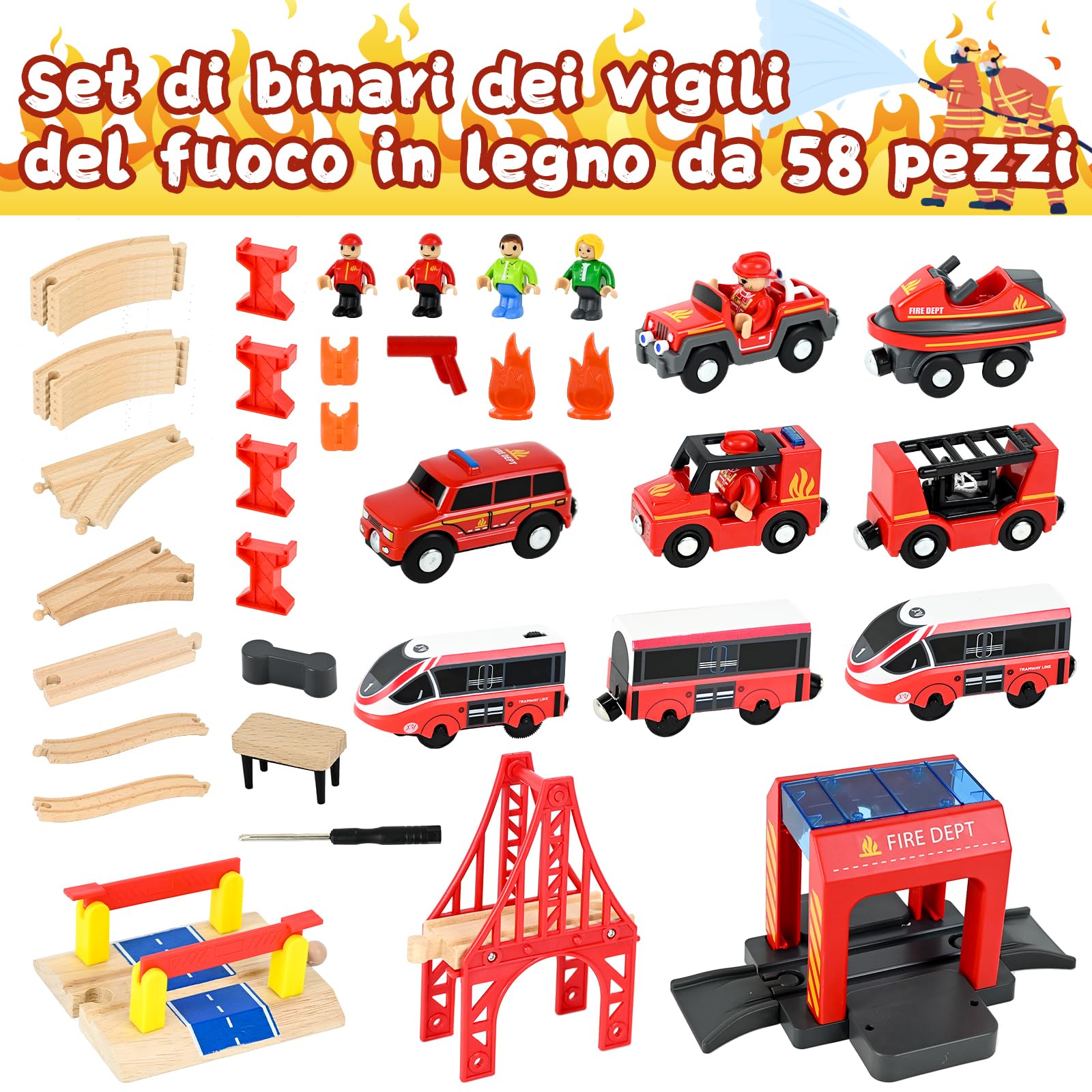 Ulikey Set di 58 Pezzi Binari Trenino Legno con Locomotiva Trenino Elettrico e Autopompa, Giocattoli Treno Elettrico Regali di Compleanno e di Natale per Bambini, Compatibile con le Principali Marche