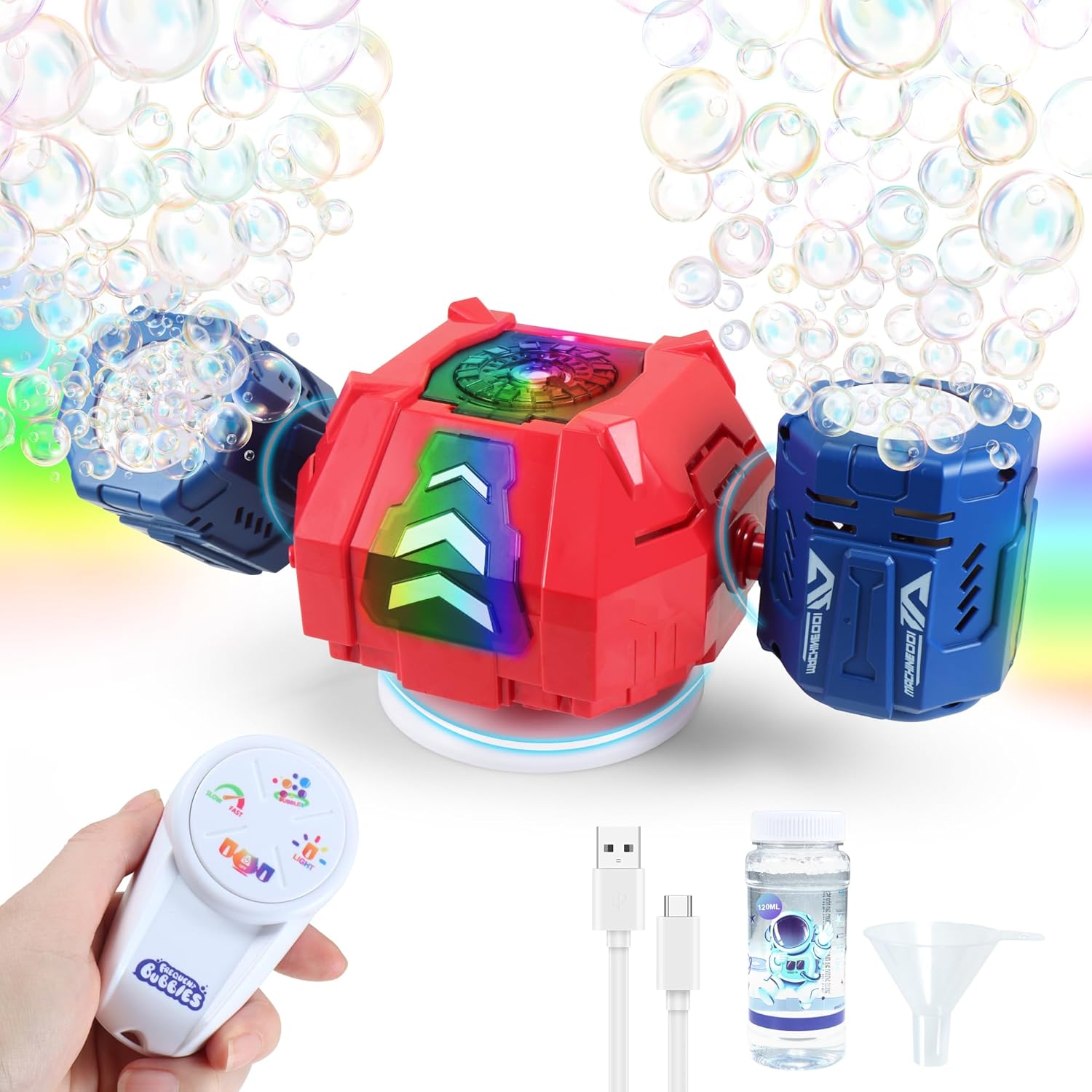 New RC Bubble Machine with RGB Lights, 360° Auto Rotation Bubbles Toy, Rechargeable Battery, Bubble Blower Maker for Kids, Parties, Birthday Gift, Weddings, Indoor Outdoor Activity, Red-Blue