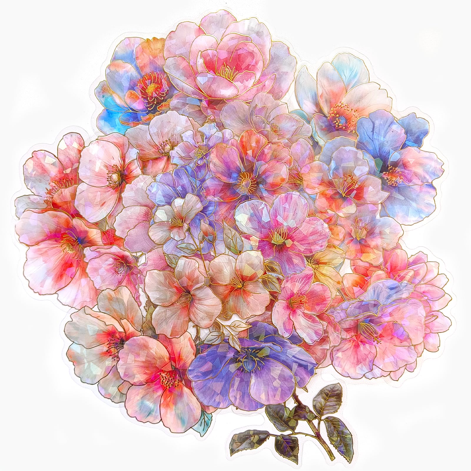 Ychsring Sparkly Flower Stickers - 30 Pcs Clear PET Glitter Nature Plant Floral Stickers for Scrapbook, Journal, Junk Journal, Collage - Holographic
