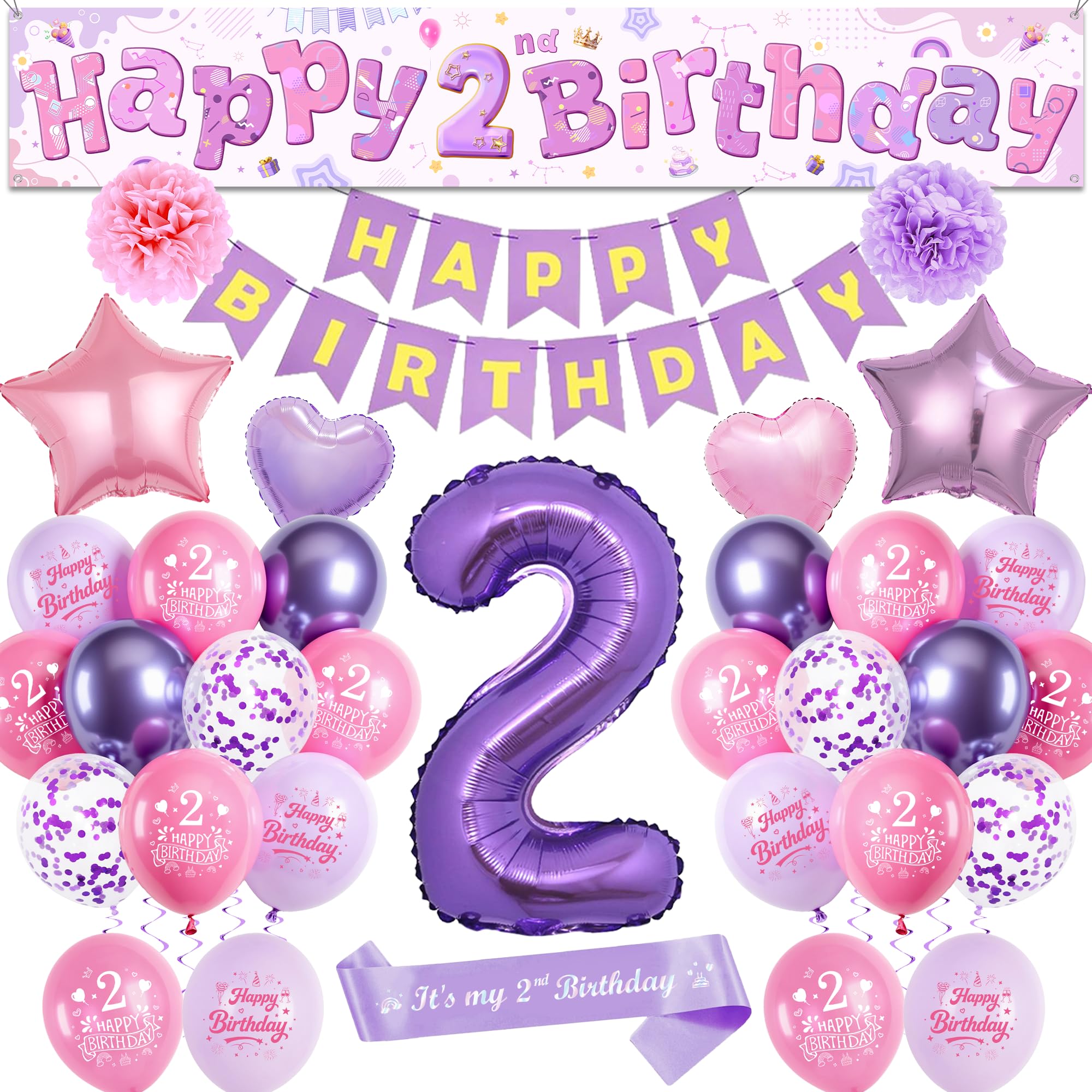 2nd Birthday Decorations Balloons Girls - Pink Purple Large Happy 2nd Birthday Yard Banner(25 X 150 Cm) Mit Sash, Stars Crowns Number 2 Foil Balloons and Paper Pompoms for 2 Year Olds Party