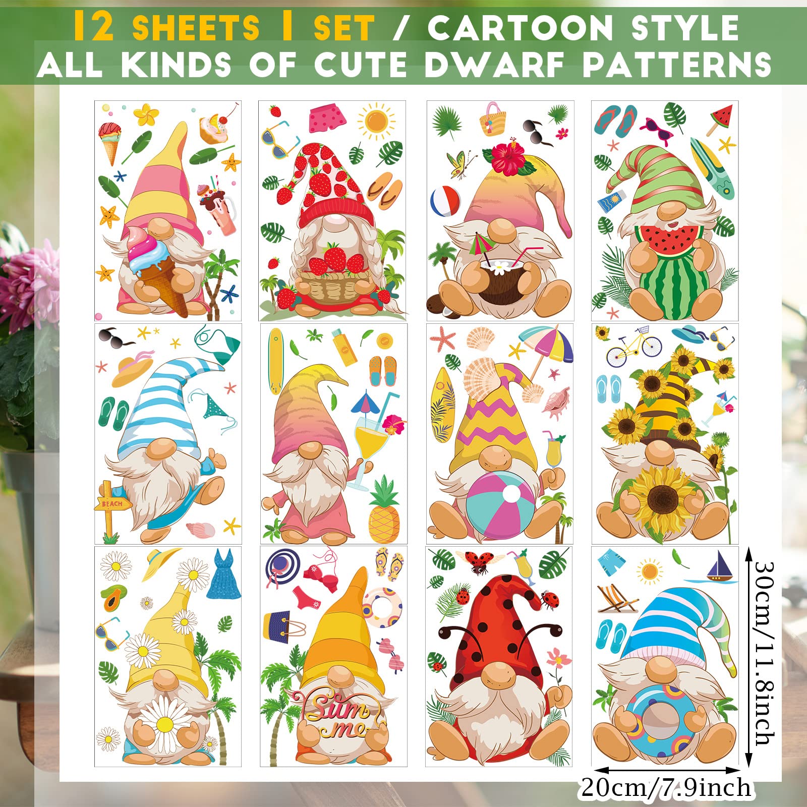 Ctosree 12 Sheets Summer Window Clings Gnome Stickers Watermelon Ice Cream Pineapple Flower Gnome Window Glass Stickers for Summer Party Decorations