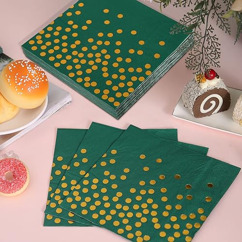 Miniatura 4 de Decoraciones de fiesta verdes y doradas, 200 platos y servilletas verde esmeralda, suministros de fiesta, platos de cumpleaños para decoraciones de