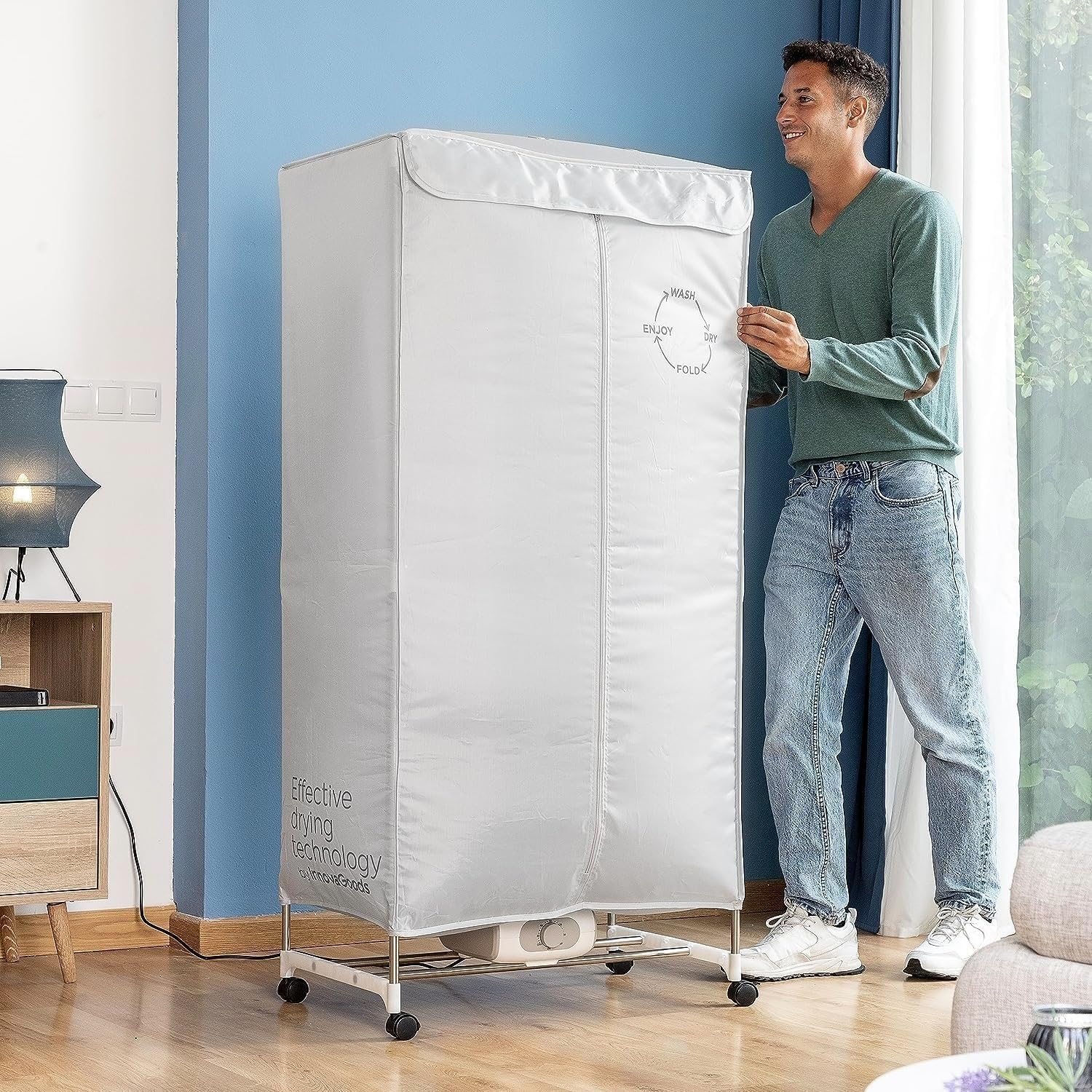 CELLUSTOP - Secador eléctrico portátil - Secador de aire caliente - Armario calefactor de doble altura 15 kg - Esterilización antibacteriana - Temporizador - 1200 W - Gris