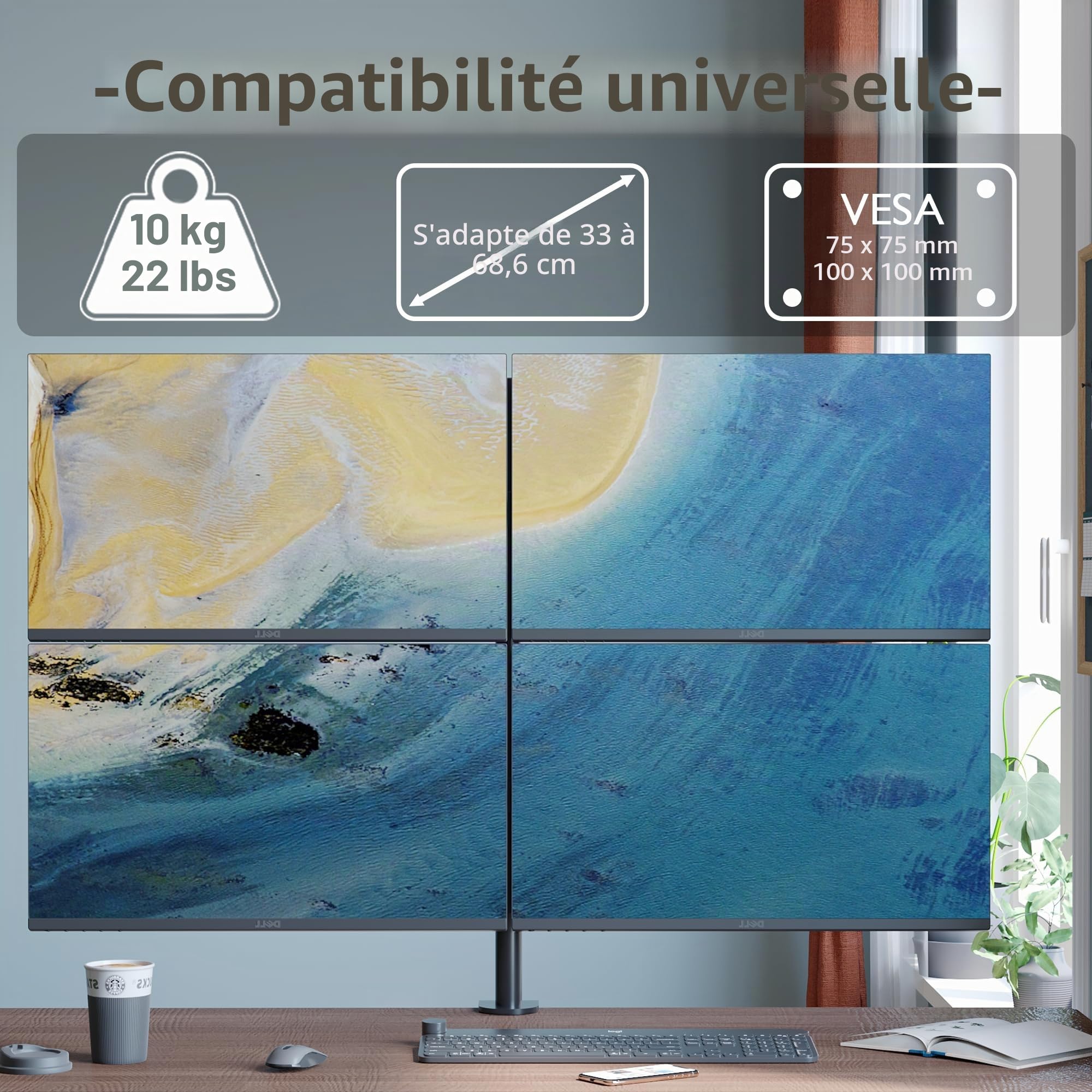 BONTEC Support Ecran PC Support de Bureau à Quatre Bras pour LCD LED Ecran de 13-27 Pouces, Bras Ecran PC Réglable en Hauteur, Inclinable et Pivotant, Charge Maximale de 10kg par, VESA 75/100 mm