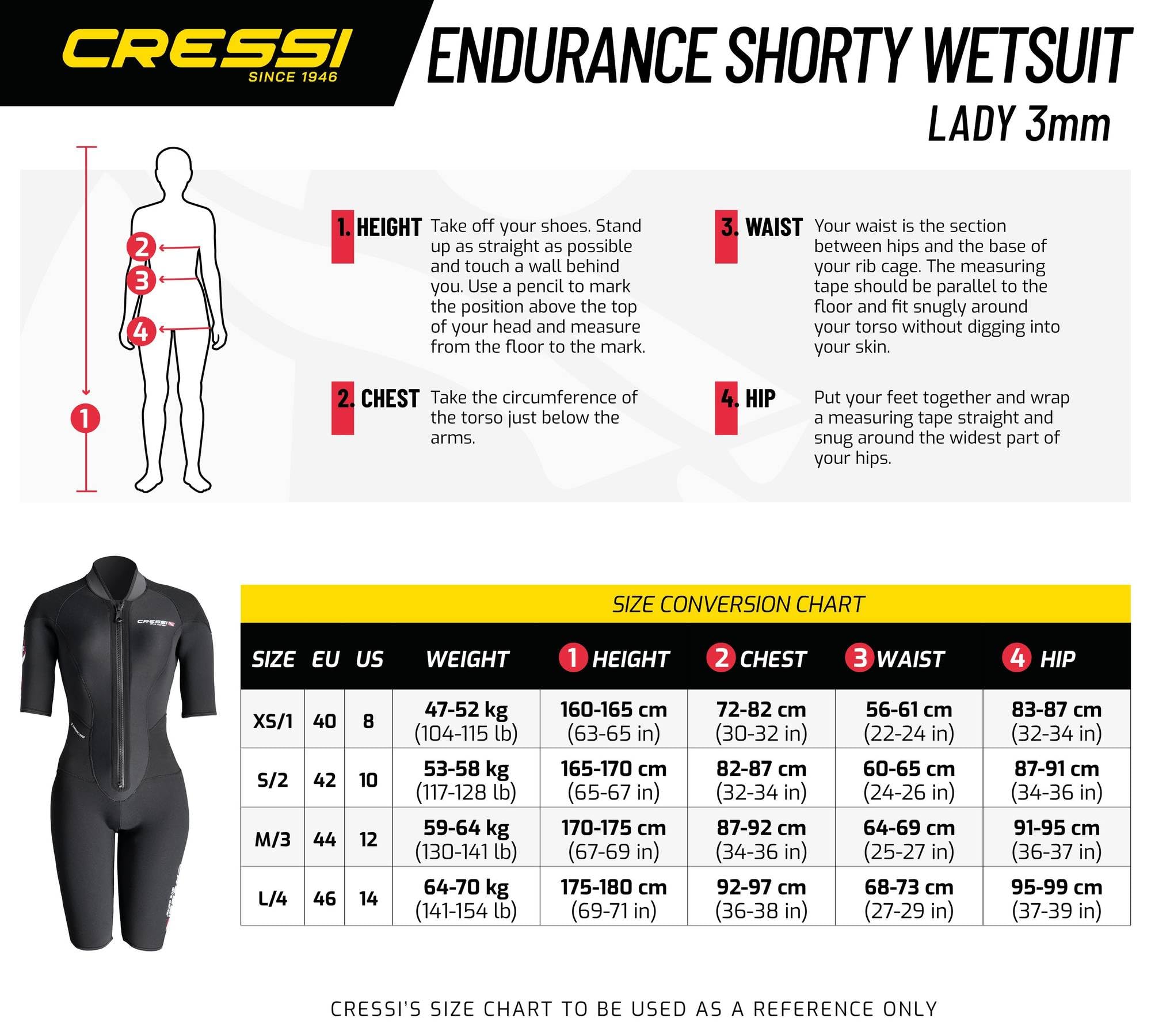 Cressi Endurance Lady Shorty Wetsuit 3 mm - Muta Shorty con Zip Sternale, Neoprene 3 mm Nero, Donna