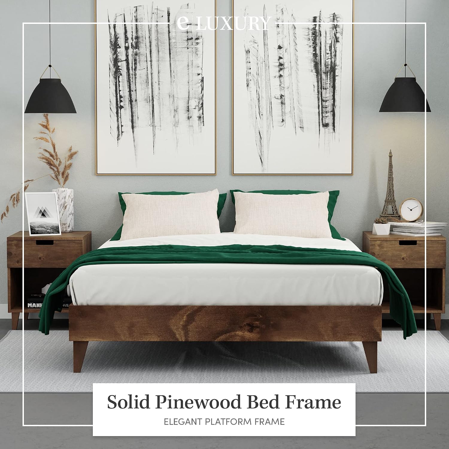 eLuxurySupply Pine Wood Platform Bed Frame, Easy Assembly – Twin XL (Walnut)