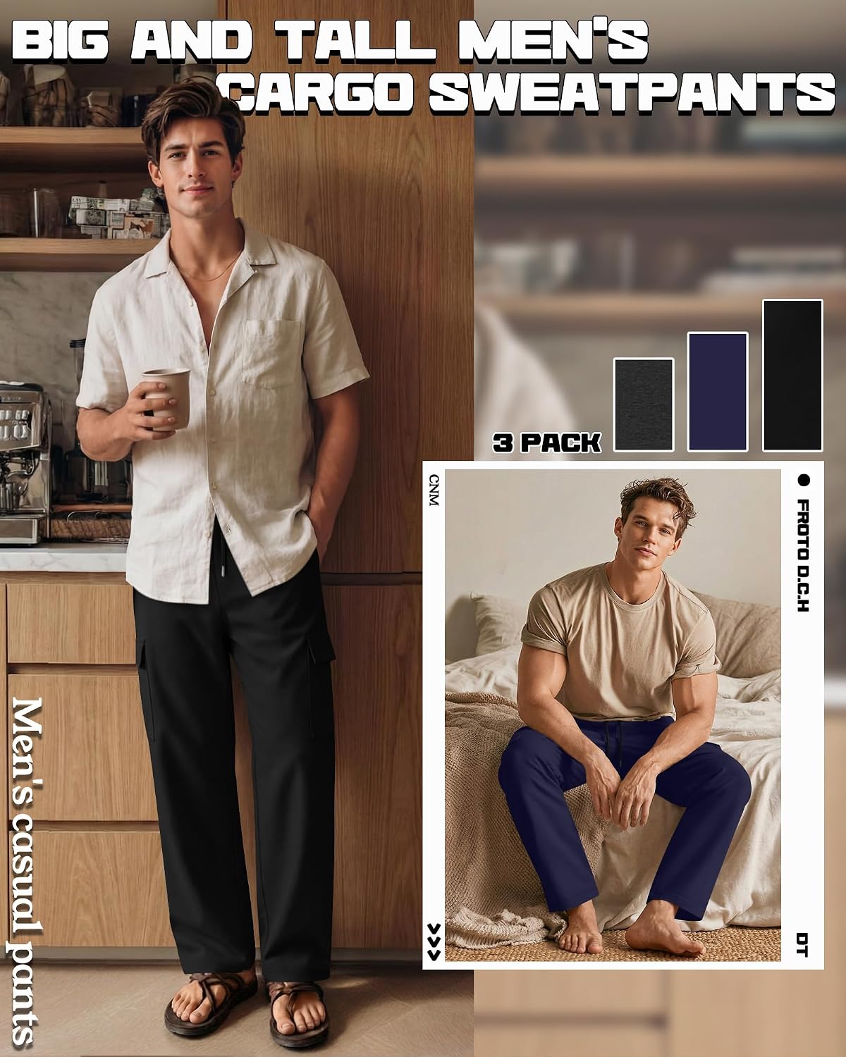 Neer 3 Pack Men's Big and Tall Cargo Sweatpants Baggy Wide Straight Leg Lightweight Open Bottom Drawstring Pants Pockets