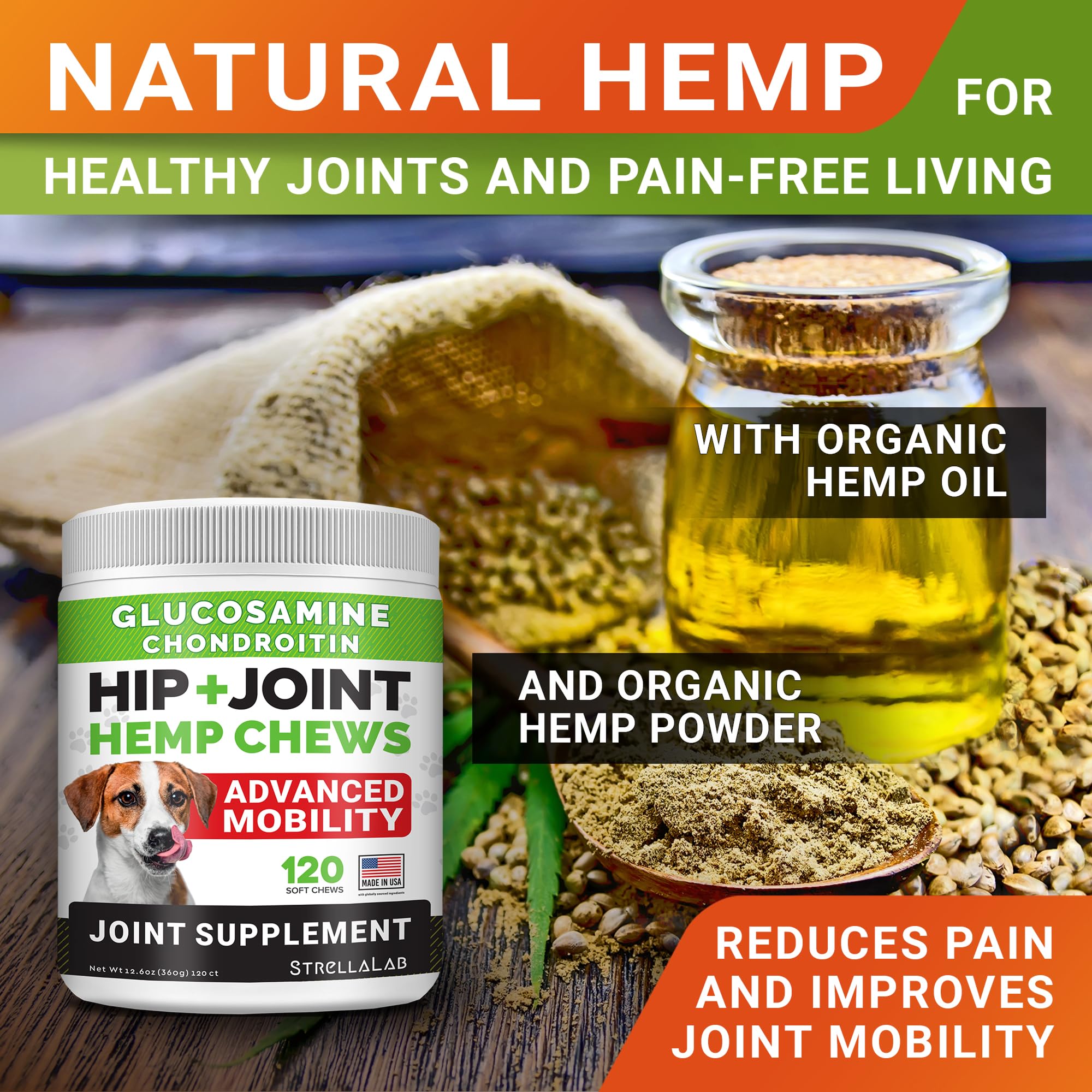 STRELLALAB Hemp Chews for Dogs - Hip & Joint Supplement with Glucosamine - Joint Pain Relief Treats - Omega 3, Chondroitin, MSM - Advanced Mobility Support - Chicken Flavor - 120 Ct - Made in USA - image 5