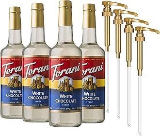 Coffee Syrup, White Chocolate Flavored Syrup for Drinks, Glass Bottle 4-Pack, Pumps Included, 25.4 Fl Oz Ea